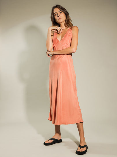 Reese Cupro V Neck Midi Dress in Terracotta