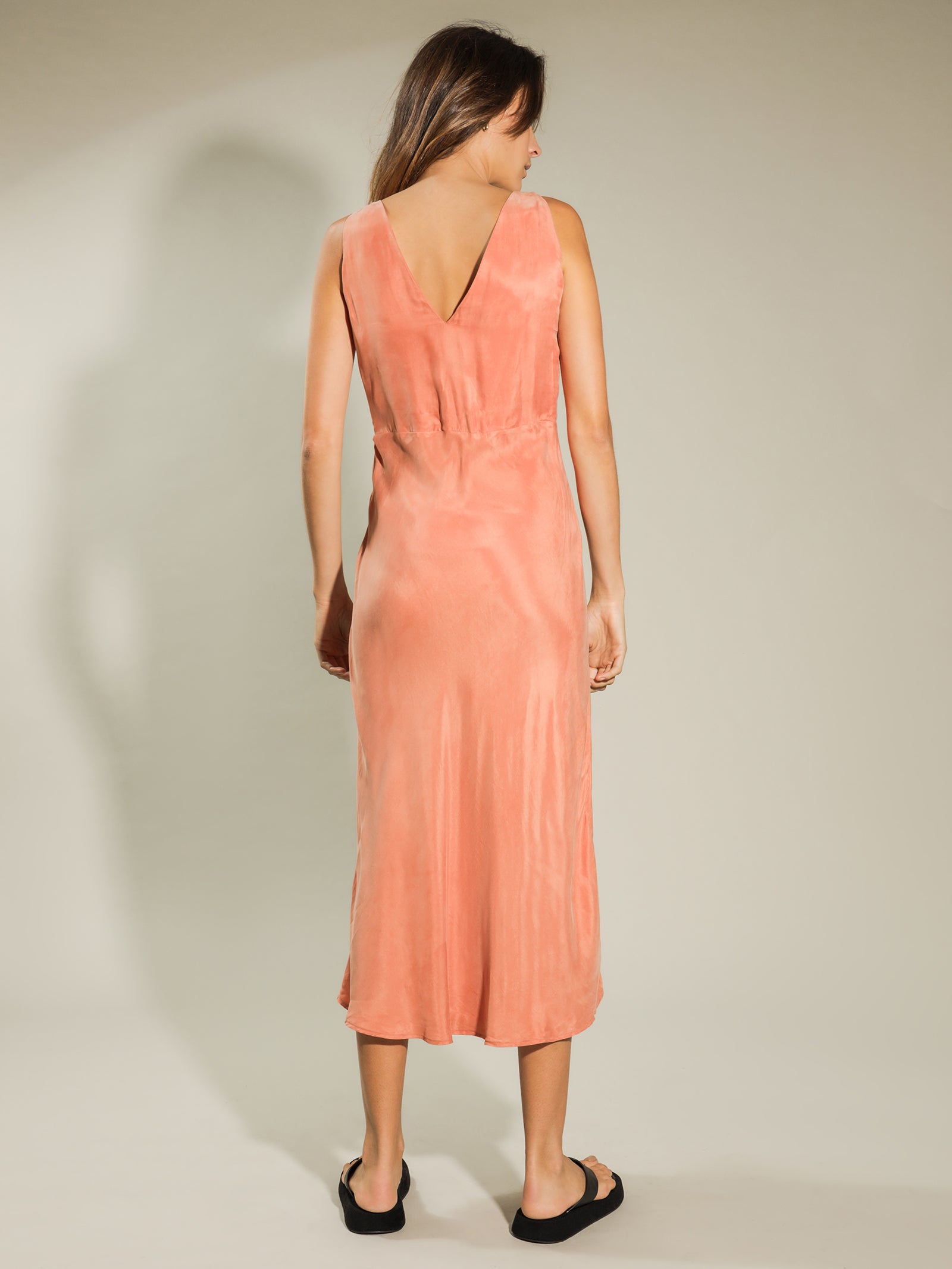 Reese Cupro V Neck Midi Dress in Terracotta