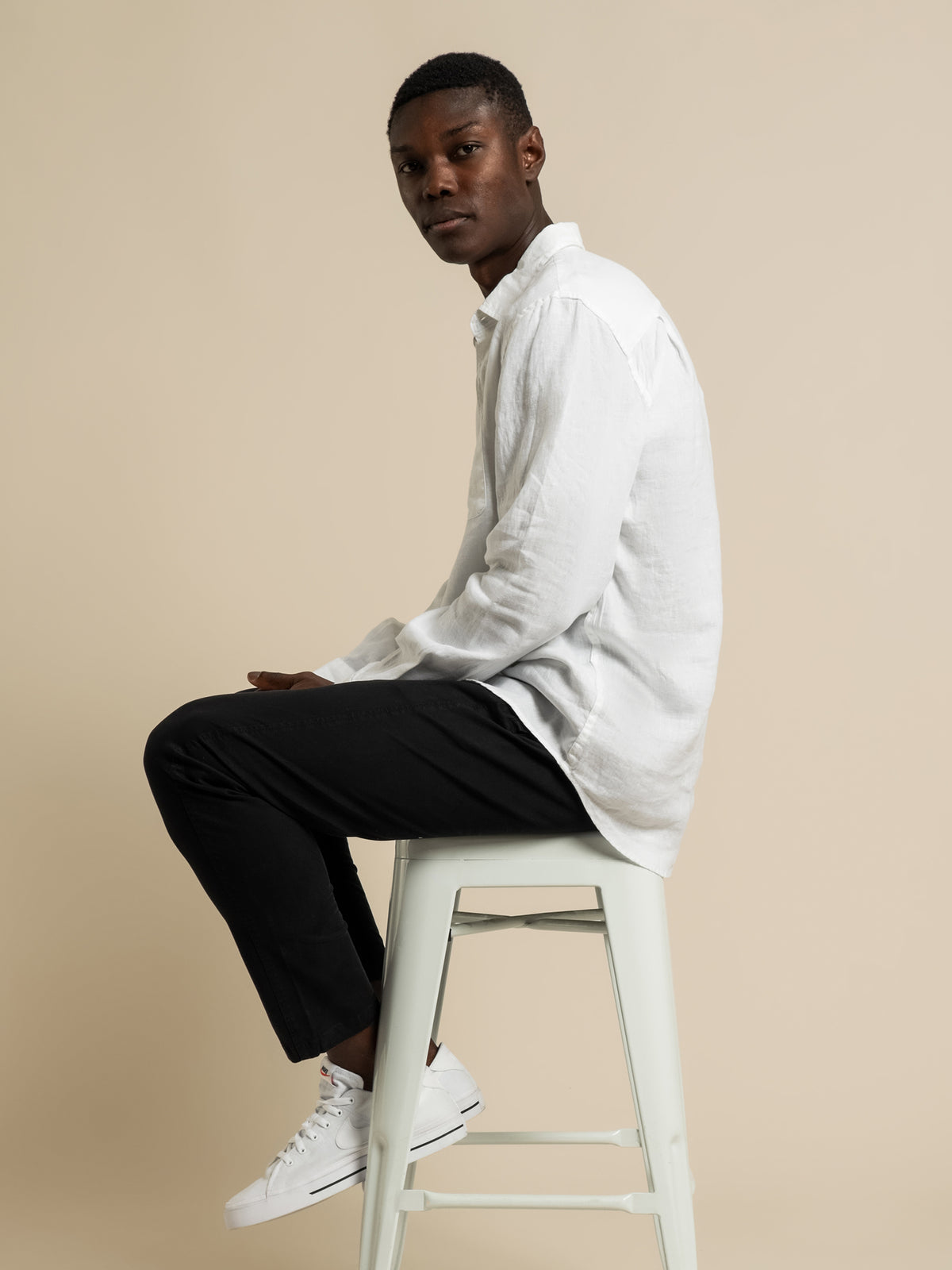 Hampton Long Sleeve Linen Shirt in White