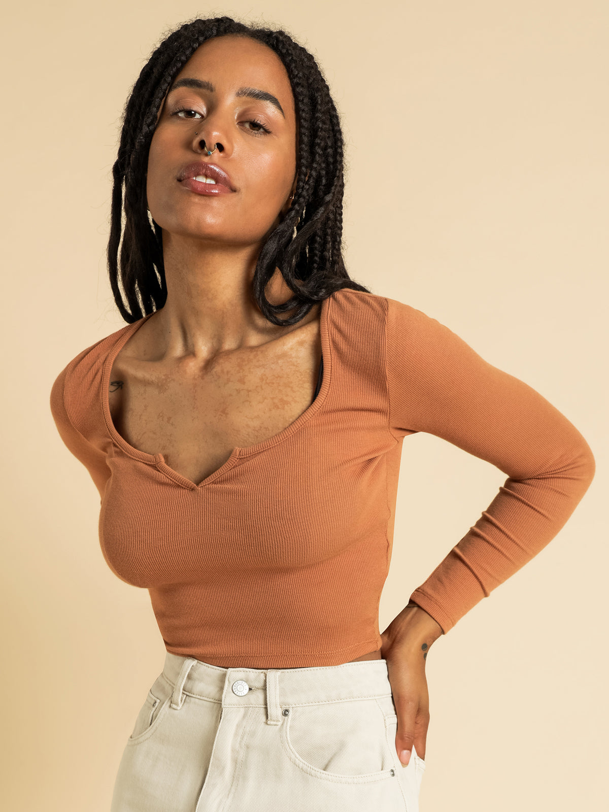 Beyond Her Yaz Notch Front Long Sleeve T-Shirt | Maple