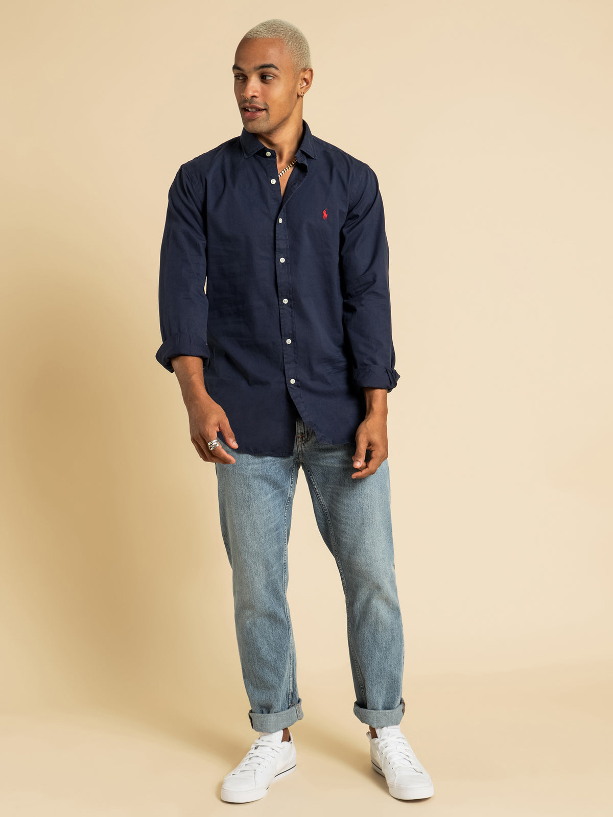 Slim Fit Button Up Shirt in Navy
