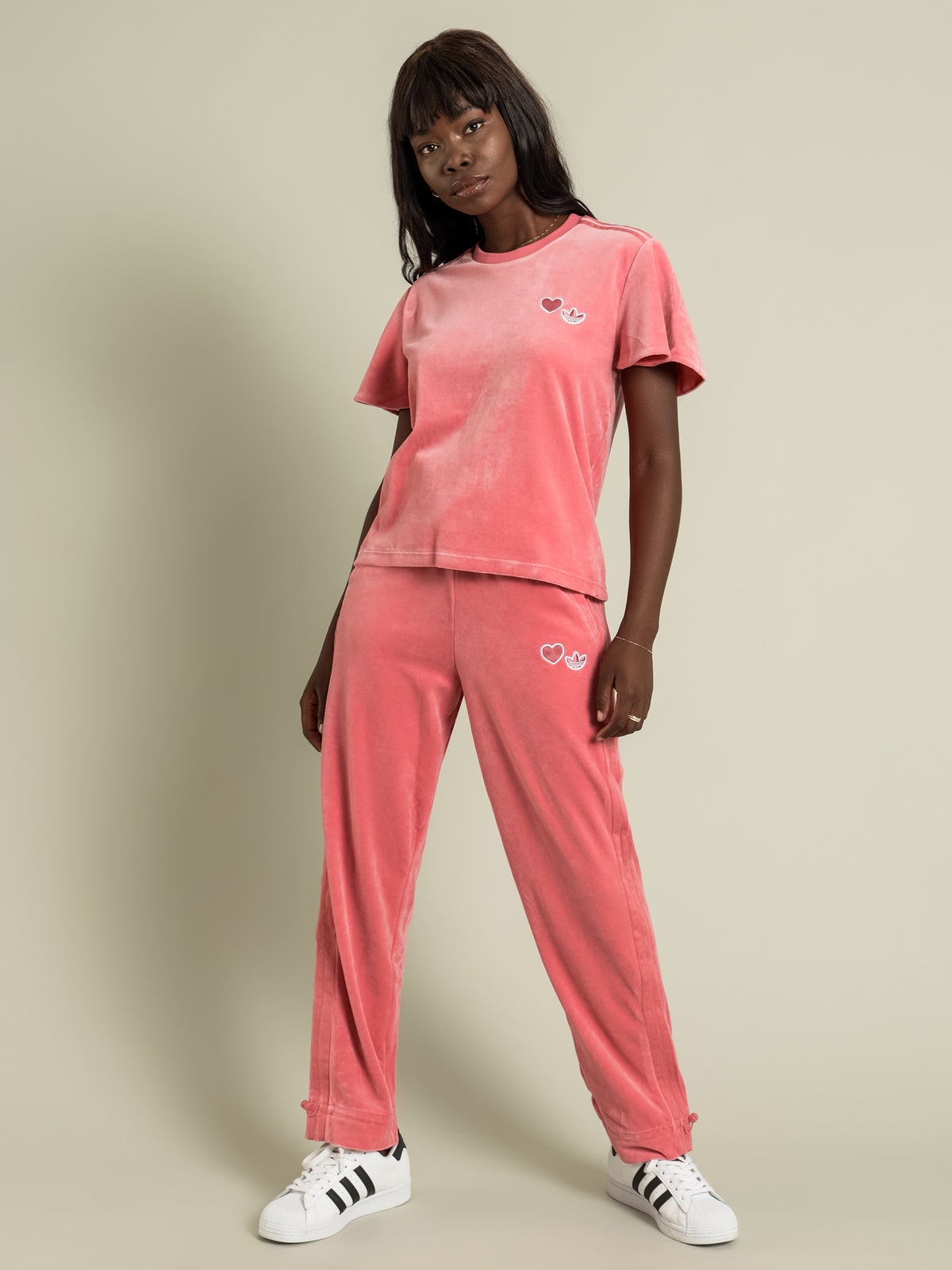 Love Heart Velour Track Pants in Hazy Rose Pink