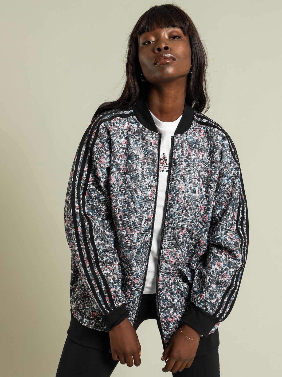 Loose-Fit Long Bomber Jacket in Mini Floral Print