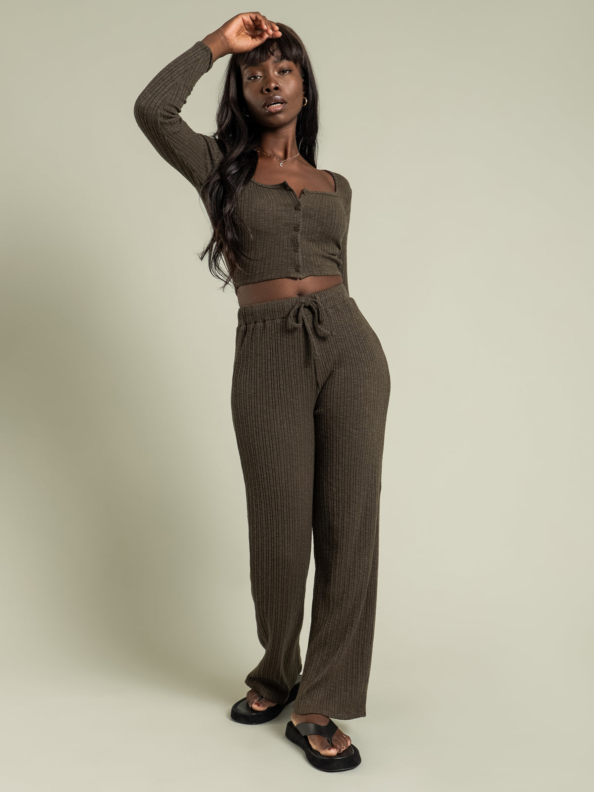 Becca Wide Leg Rib Pants in Forest Green