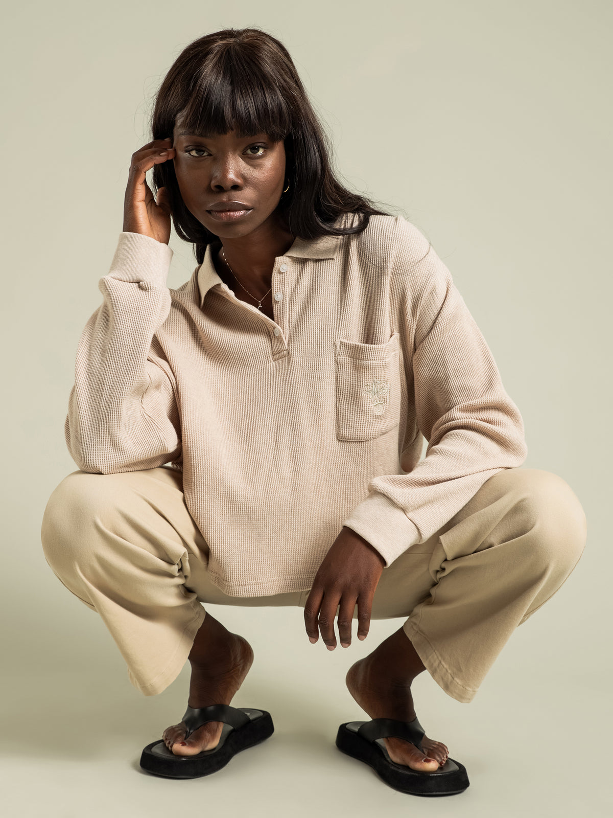 Owens Waffle Oversized Polo Shirt in Sand Marle