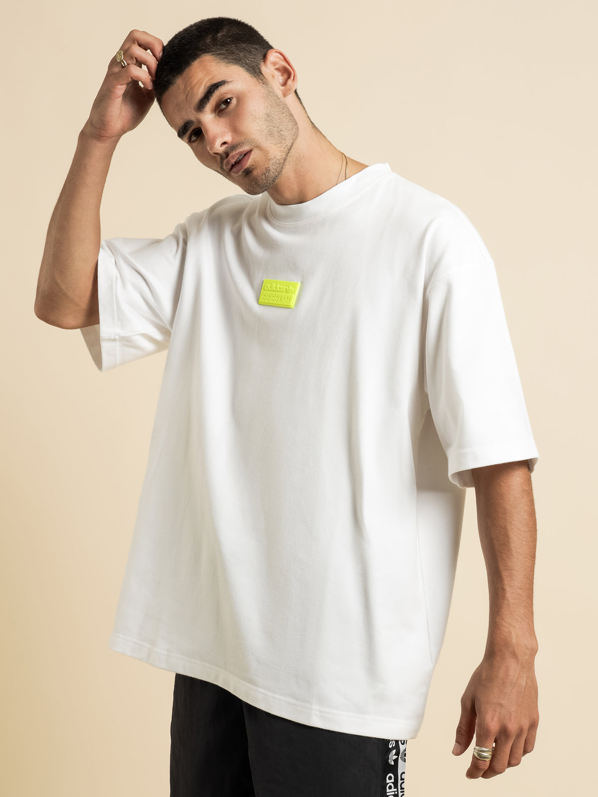 RYV Oversized Silicone Badge T-Shirt in White &amp; Solar Yellow