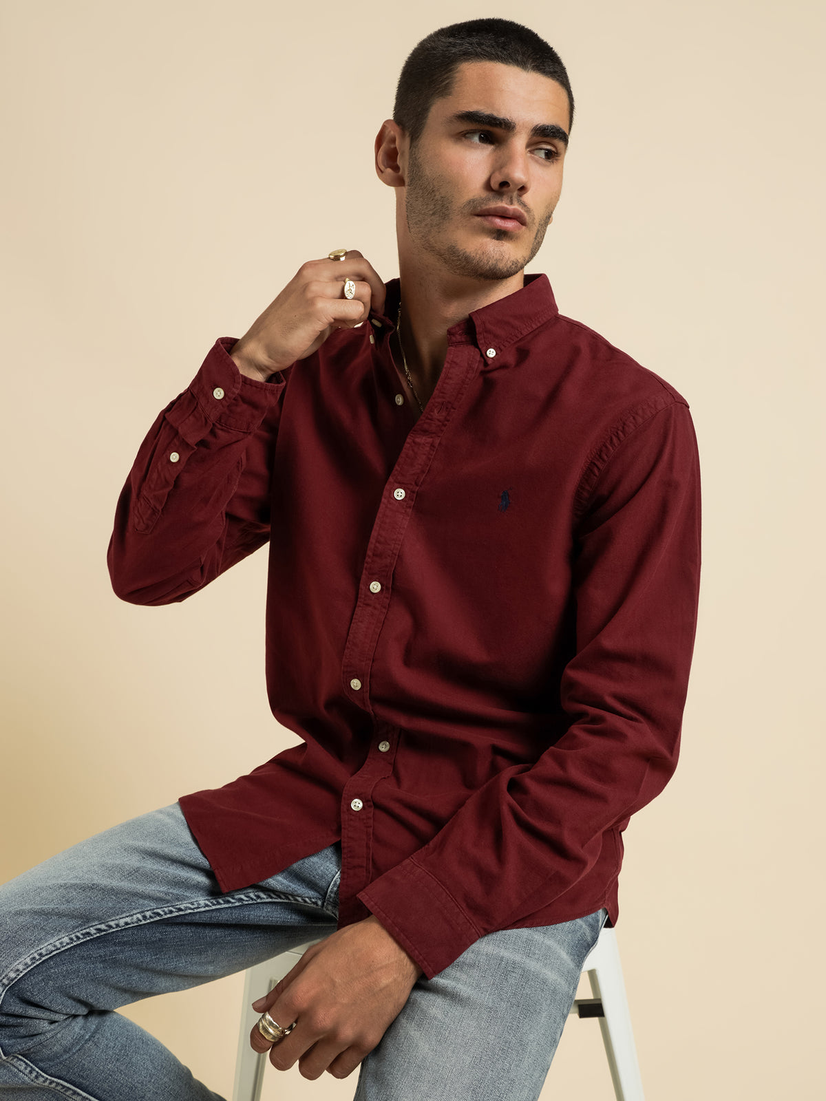 Slim Fit Button Up Shirt in Wine Red