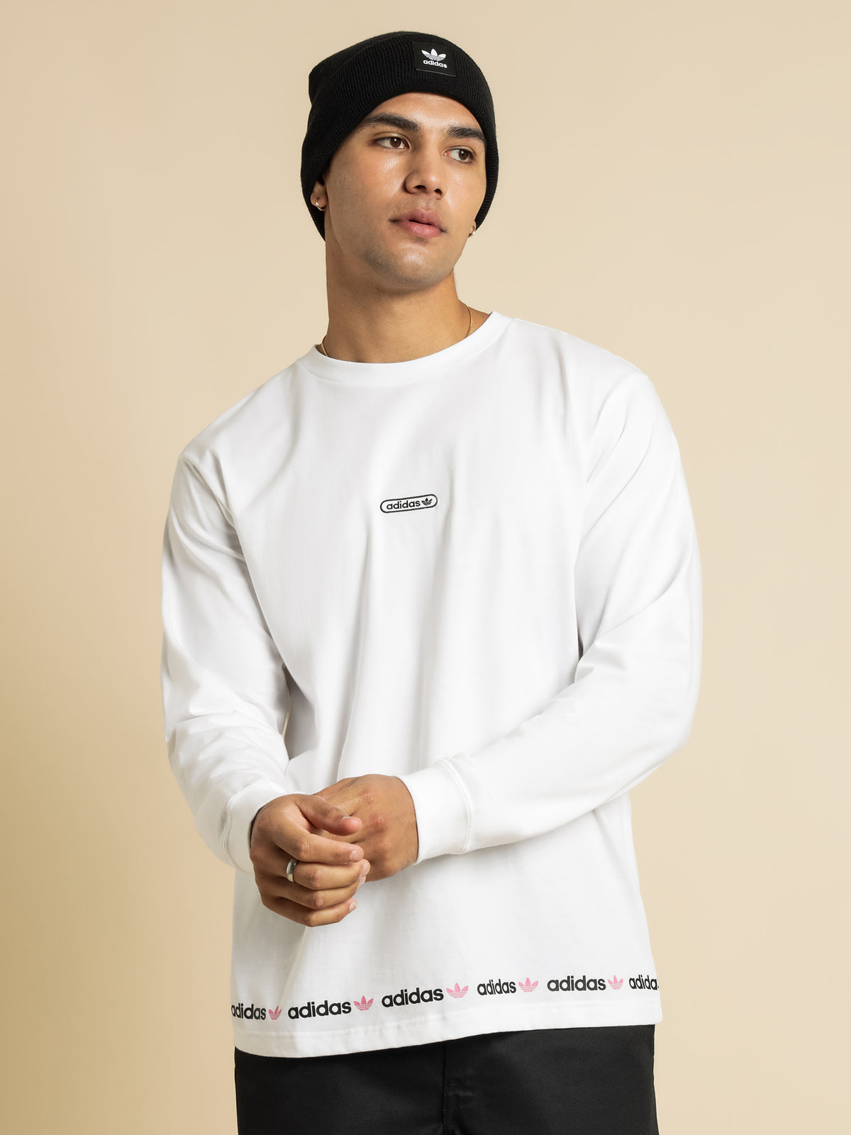 Linear Repeat Long Sleeve T-Shirt in White