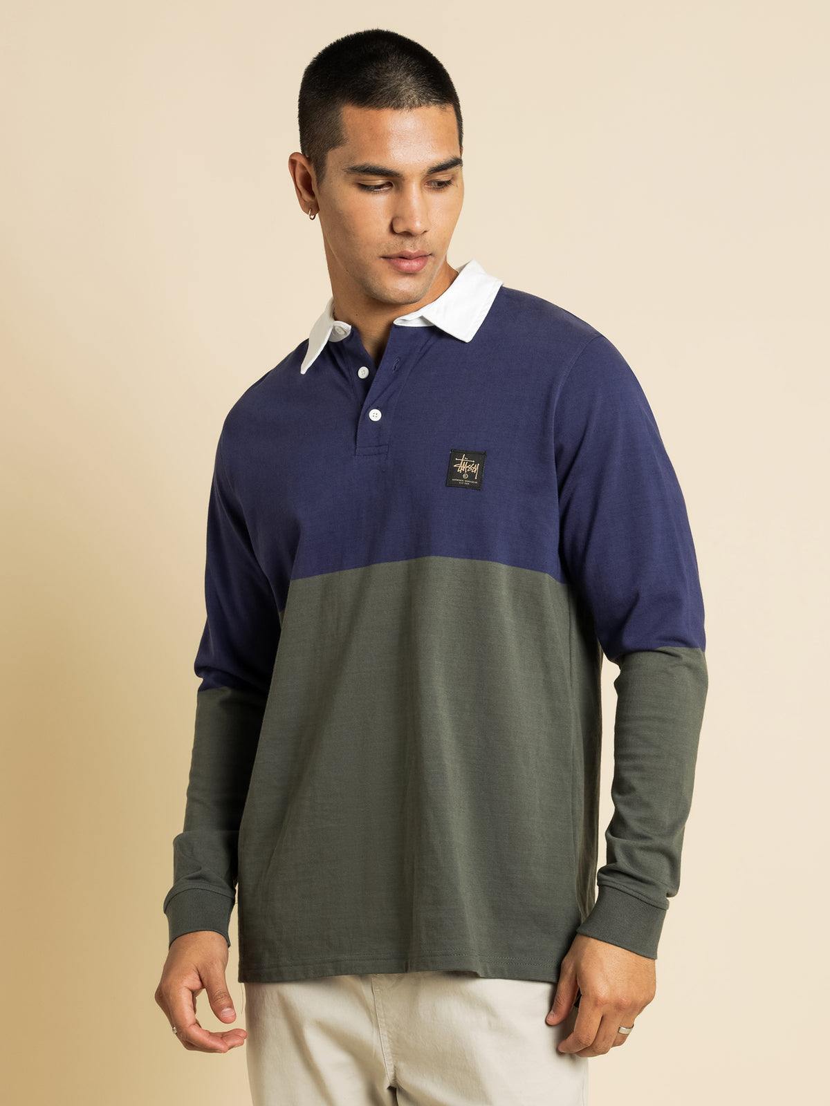 Twos Long Sleeve Rugby Jersey in Navy &amp; Flight Green