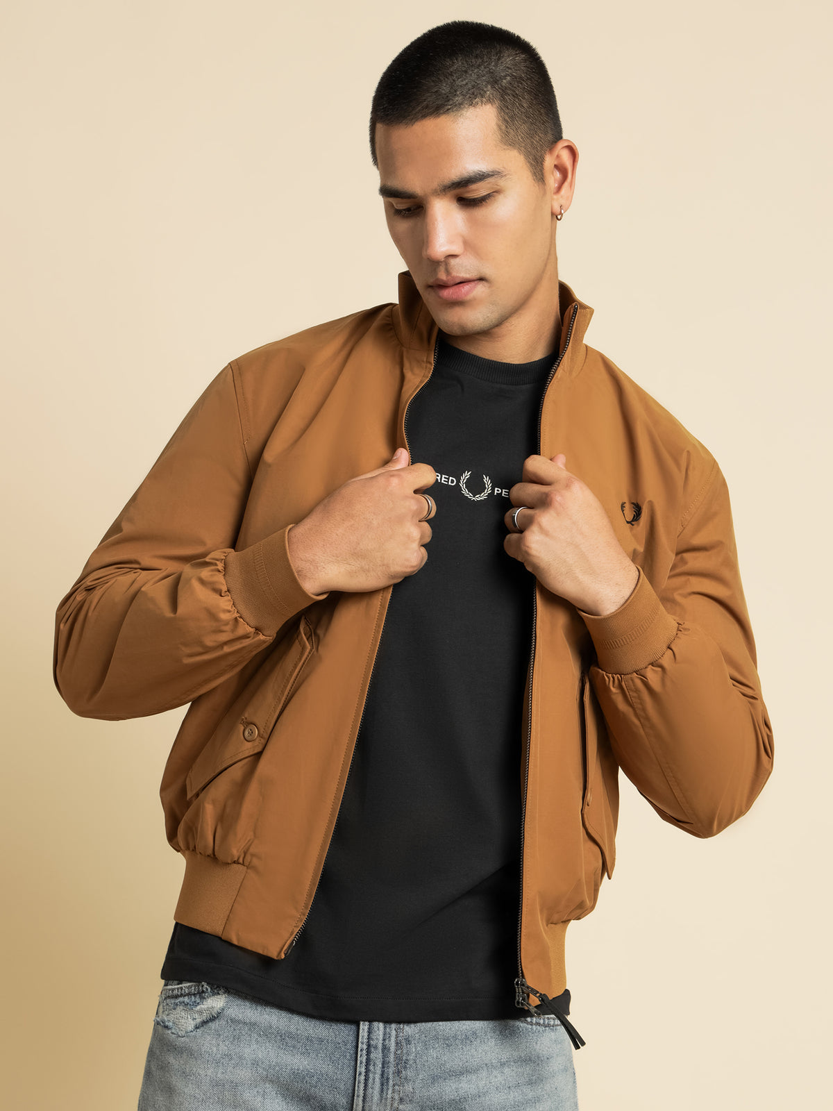 Check Lined Zip Jacket in Caramel