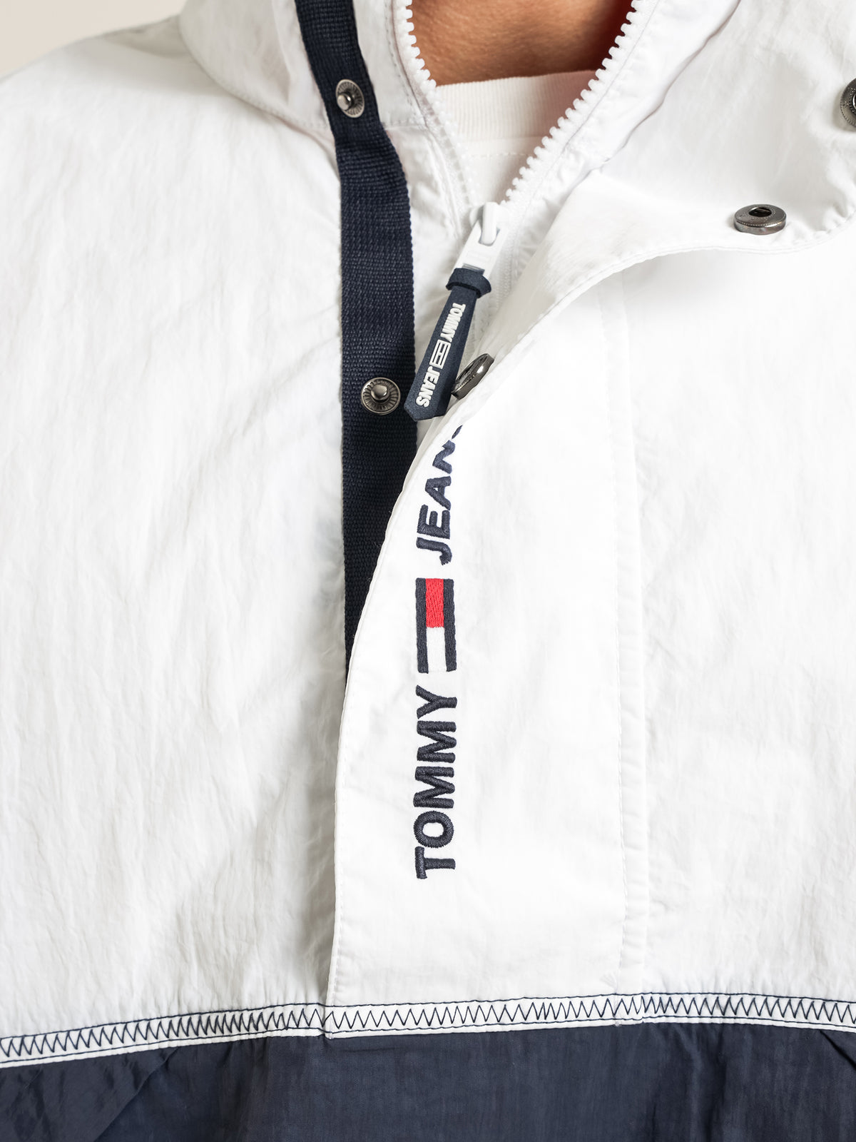 Lightweight Popover Rain Jacket in White, Red &amp; Navy