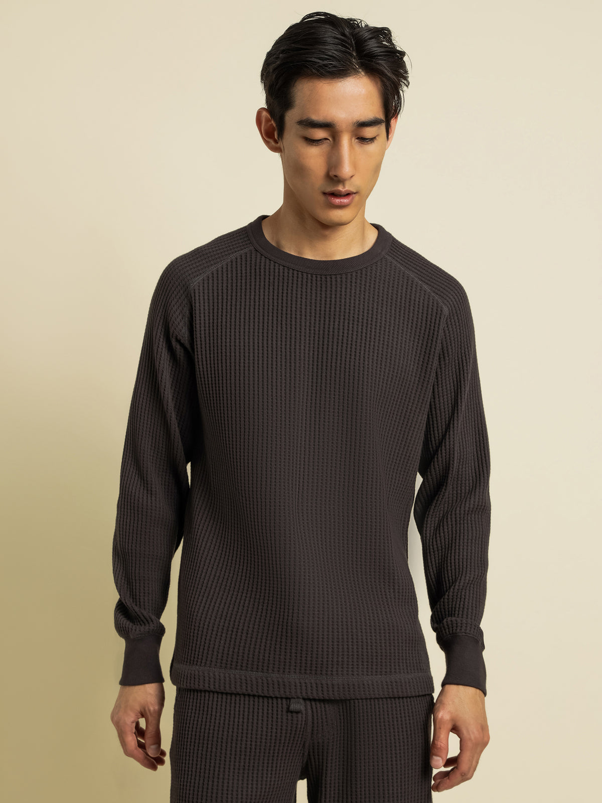 Rocco Waffle Long Sleeve Crew in Washed Black