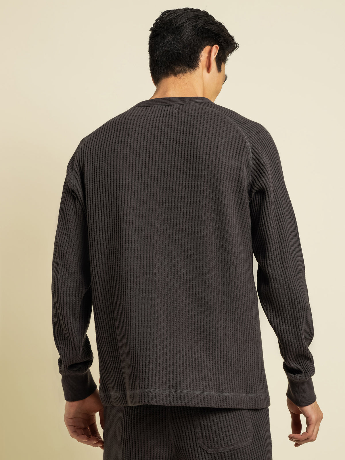 Rocco Waffle Long Sleeve Crew in Washed Black