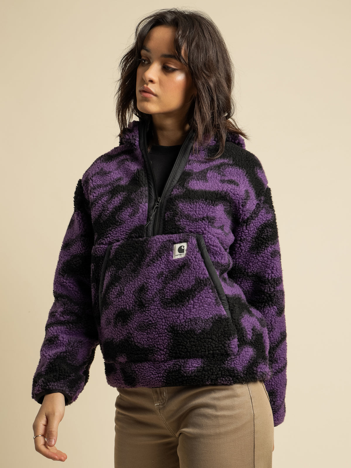 Hooded Loon Liner Sherpa Jacket in Purple Camoflage