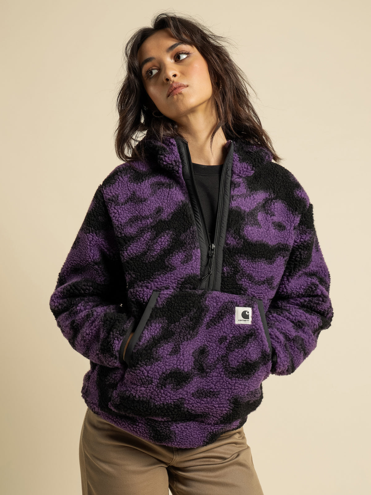 Hooded Loon Liner Sherpa Jacket in Purple Camoflage