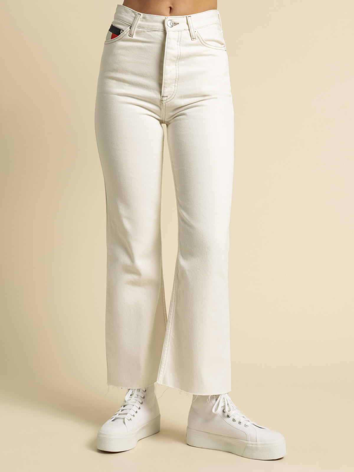 Harper High Rise Flare Ankle BF Jeans in White