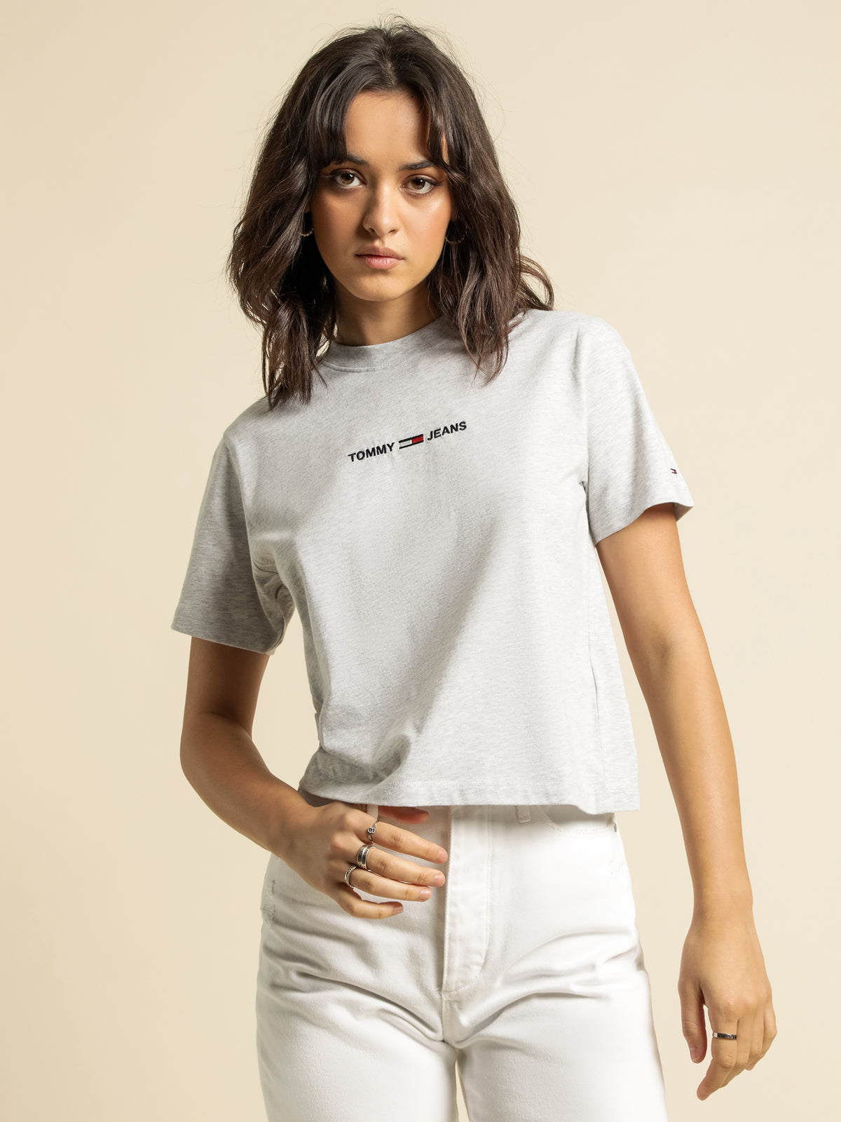 Boxy Crop Linear Logo T-Shirt in Silver Grey