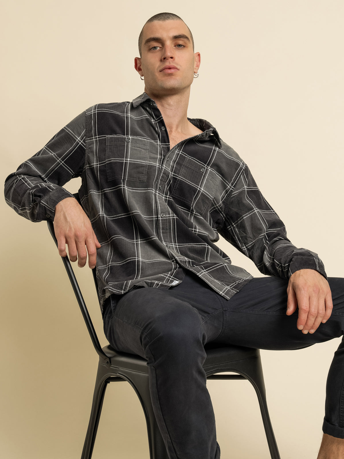 Zion Cord Long Sleeve Shirt in Midnight Plaid