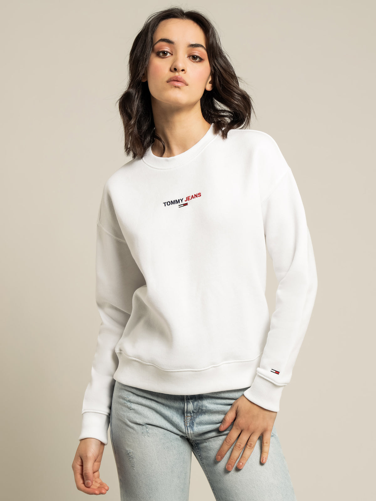 Linear Chest Logo Crew Neck Sweatshirt in White