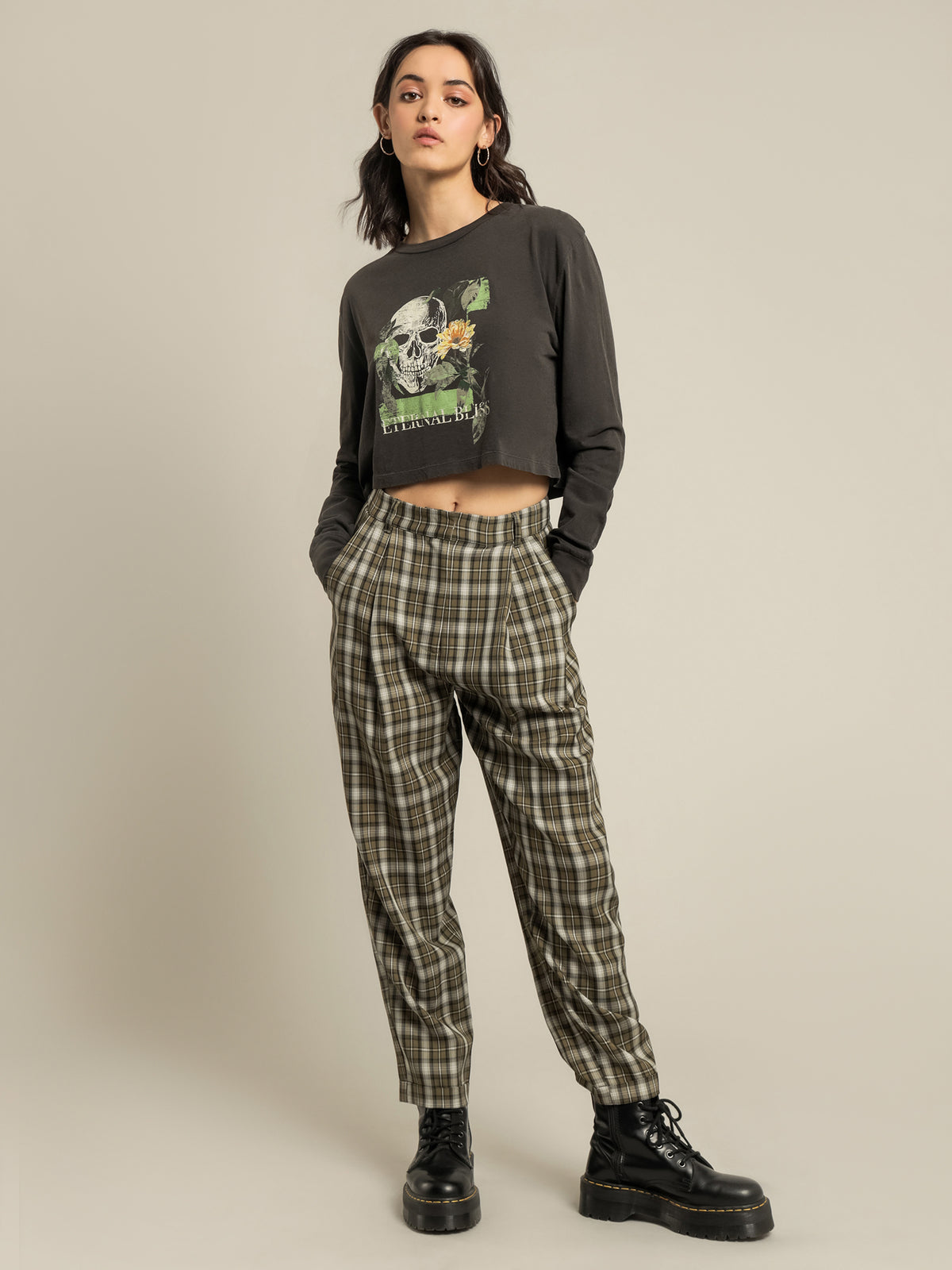 Eternal Bliss Long Sleeve Cropped T-Shirt in Washed Black