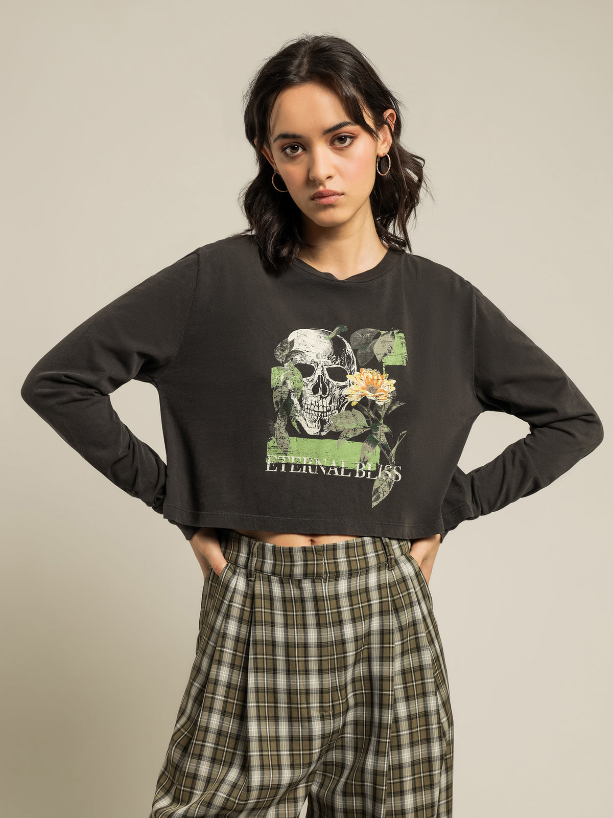 Eternal Bliss Long Sleeve Cropped T-Shirt in Washed Black