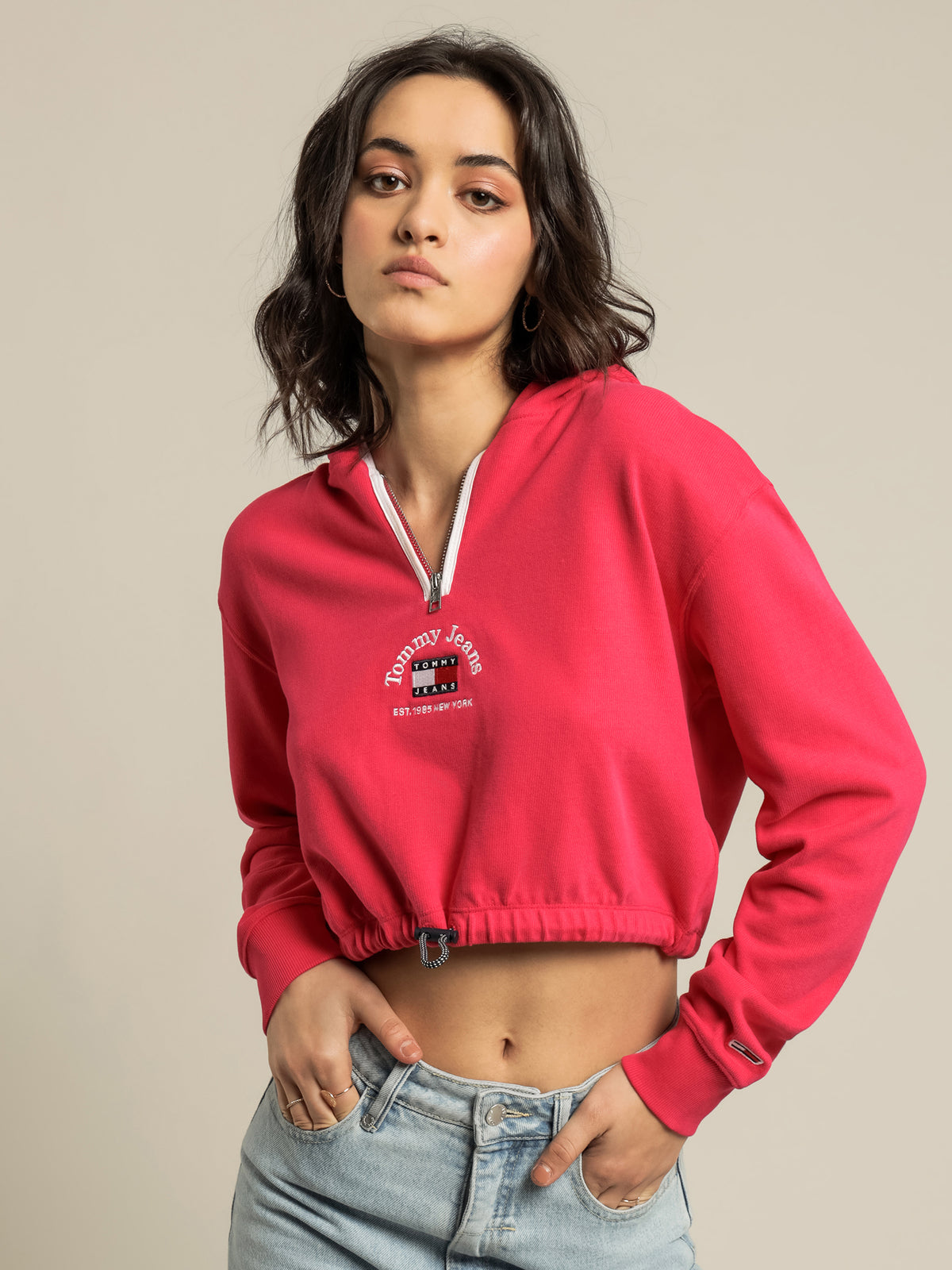 Tommy Badge Timeless Cropped Hoodie in Bright Jewel