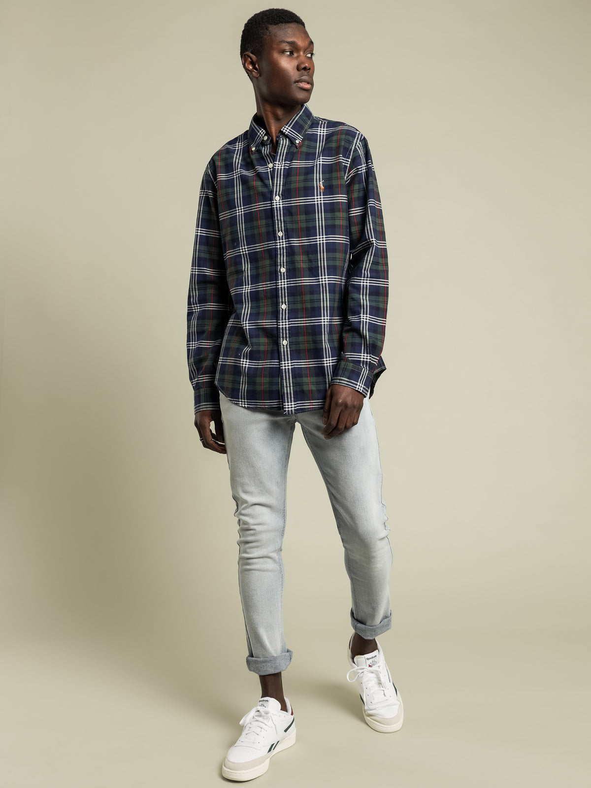 Button Up Flannel Shirt in Green Check