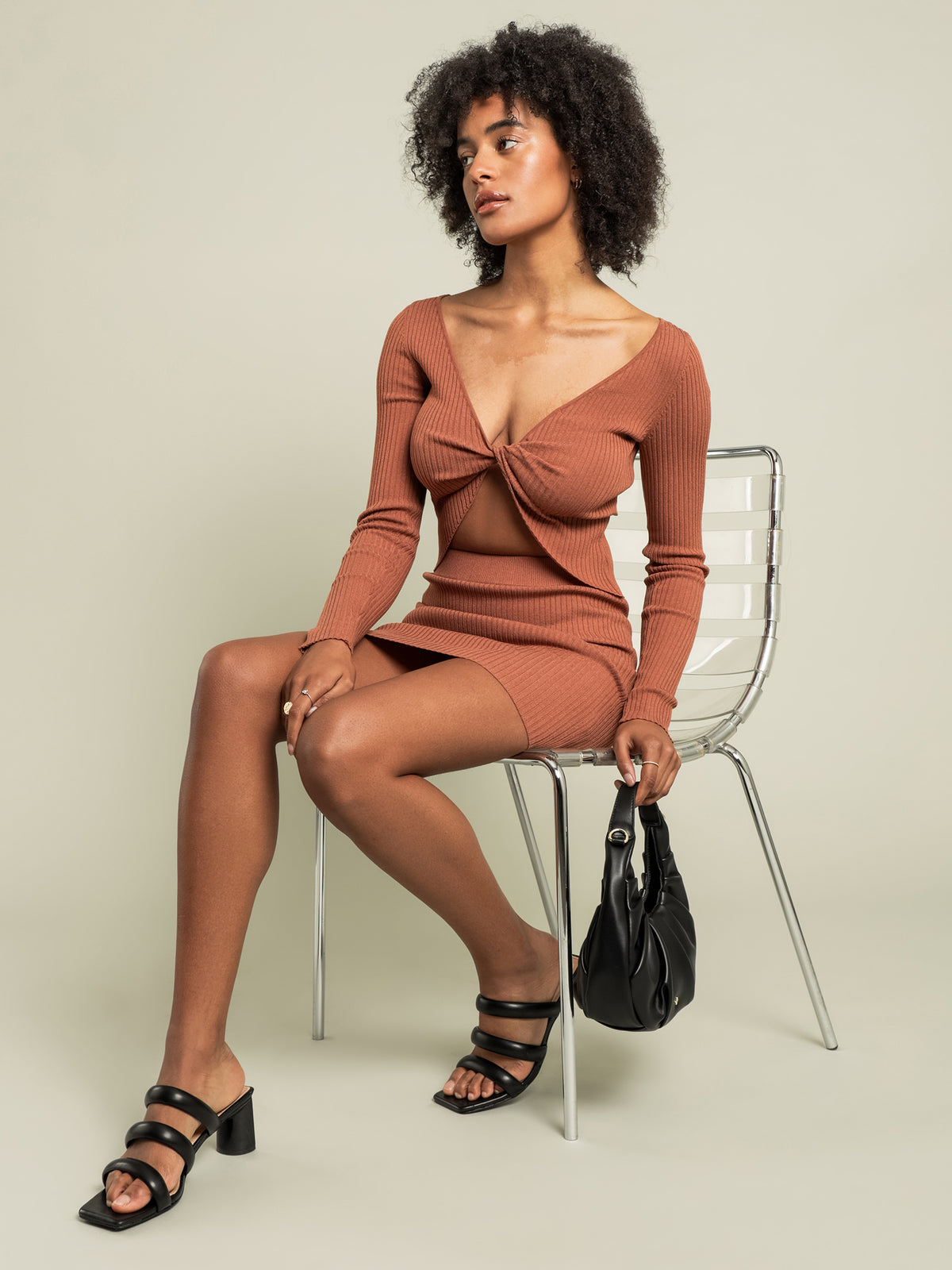 Dionne Ribbed Jersey Mini Skirt in Brandy