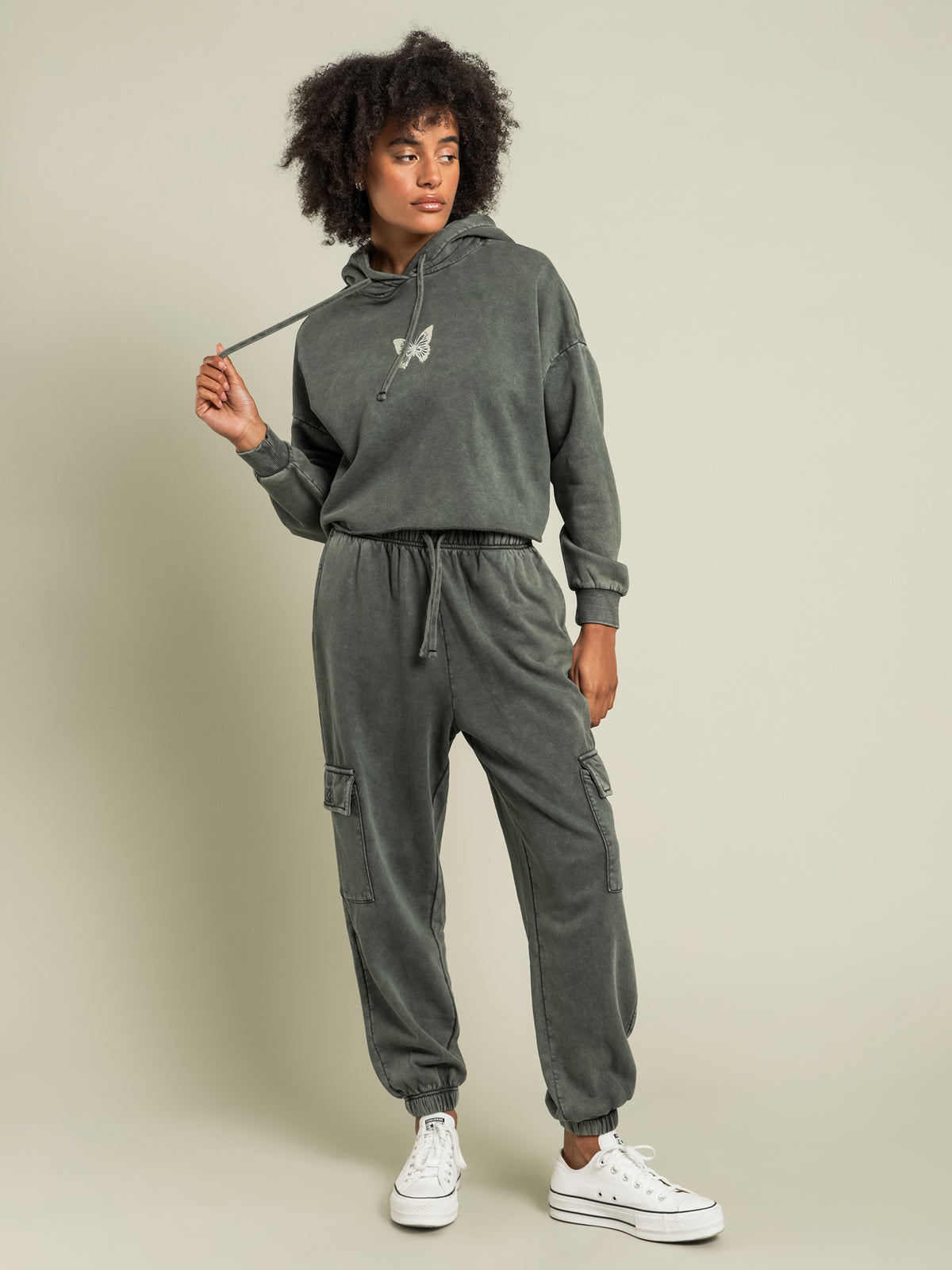 Beyond Her Raina Acid Washed Crop Butterfly Hoodie | Forest