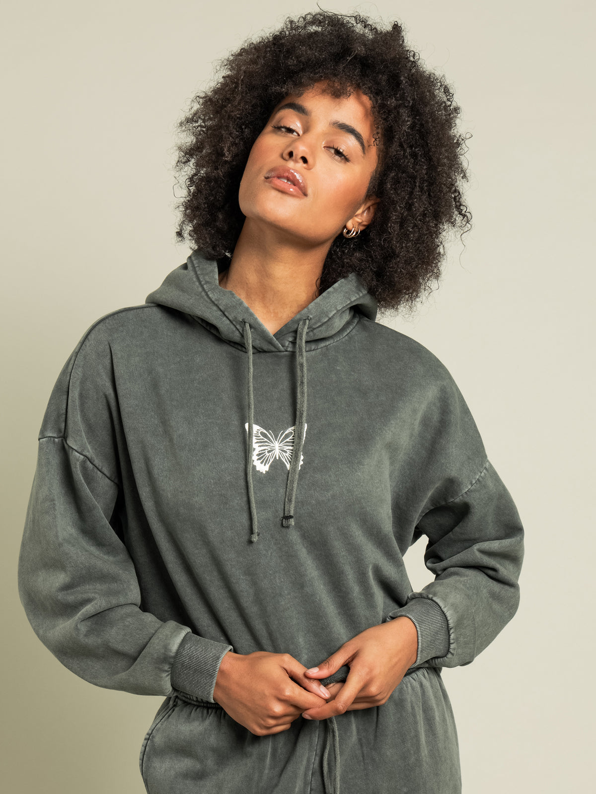 Raina Acid Washed Crop Butterfly Hoodie in Forest Green
