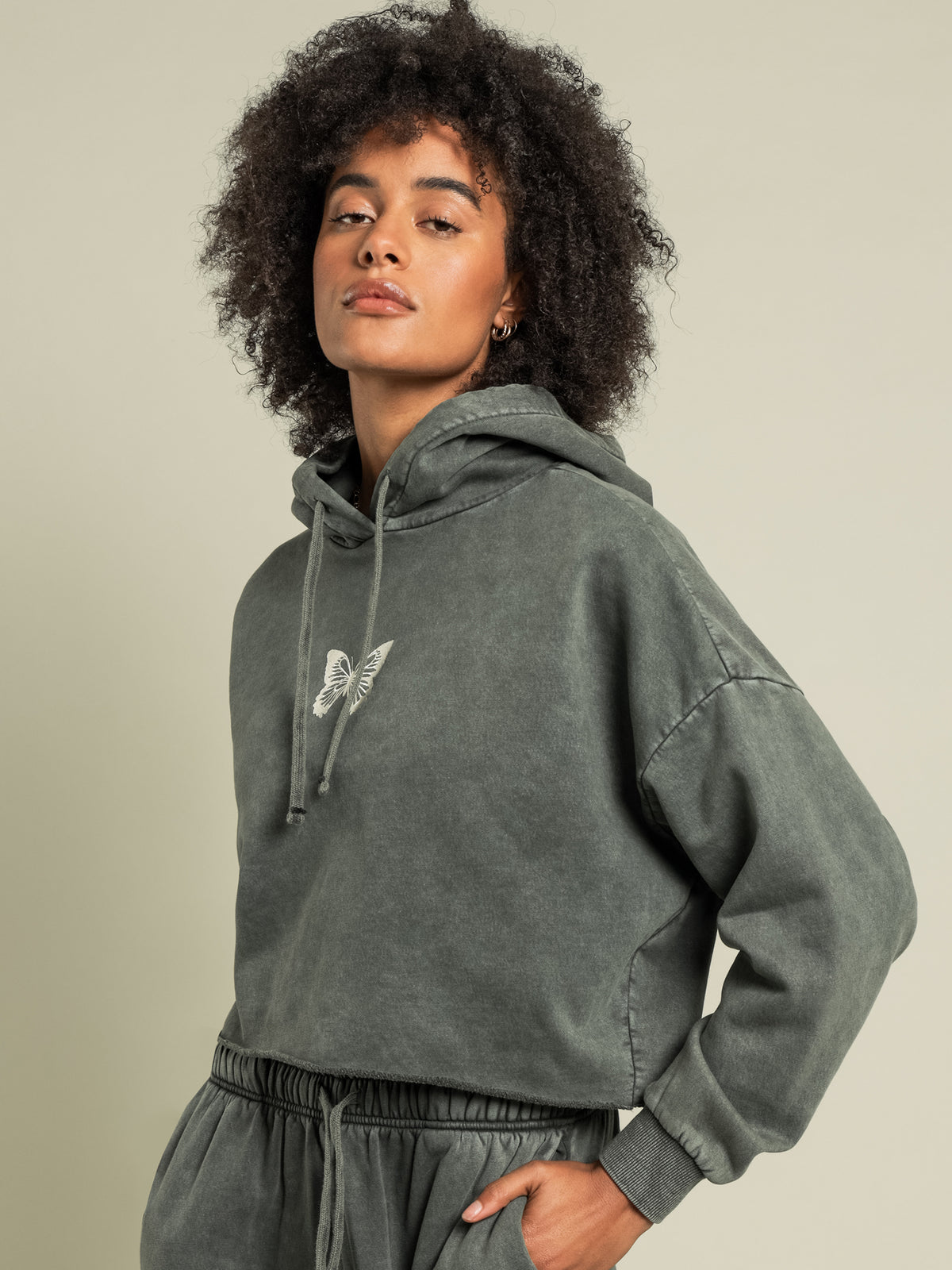 Beyond Her Raina Acid Washed Crop Butterfly Hoodie | Forest