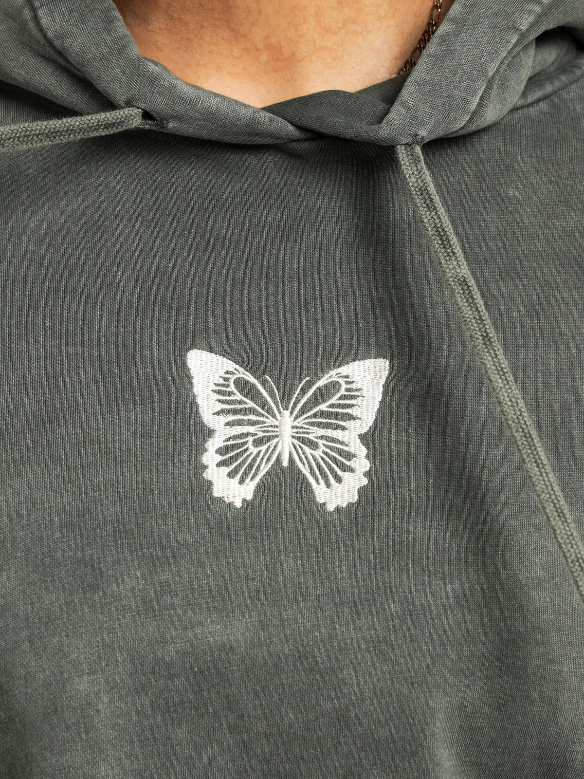 Raina Acid Washed Crop Butterfly Hoodie in Forest Green