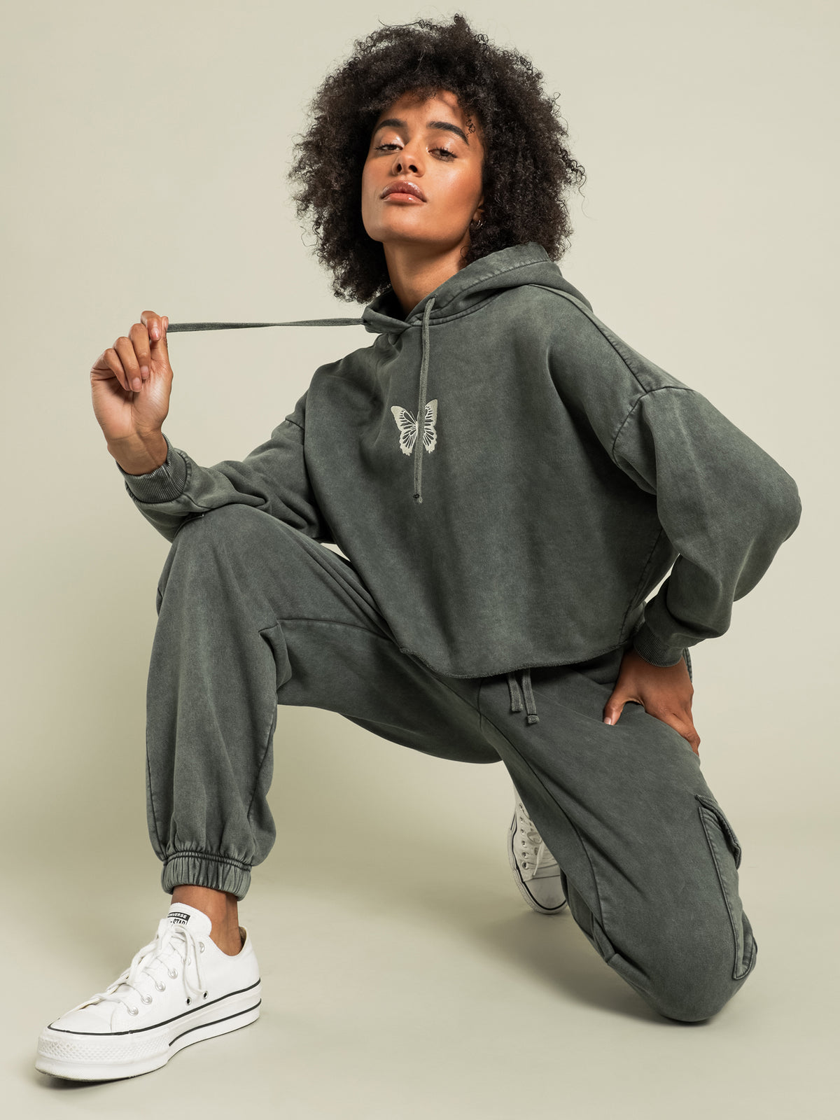 Beyond Her Raina Acid Washed Crop Butterfly Hoodie | Forest