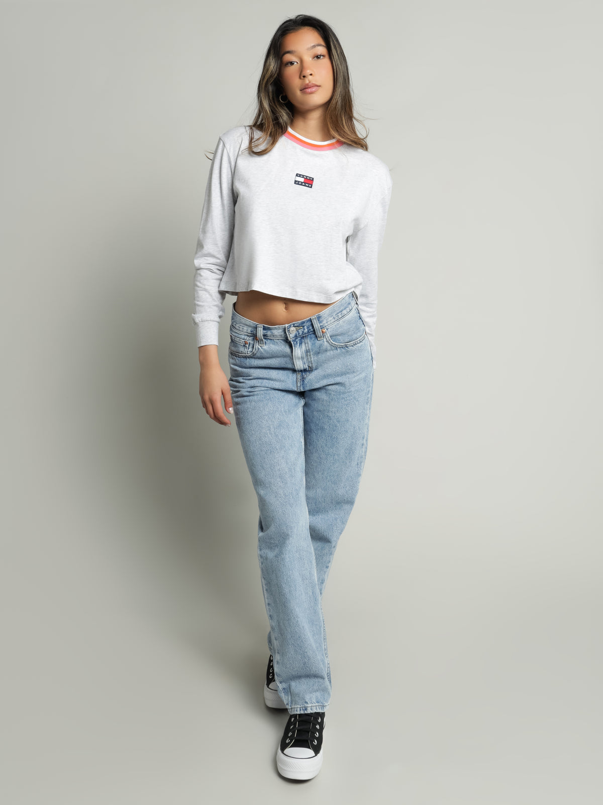 Tommy Hilfiger Boxy Cropped Ringer Long Sleeve T-Shirt | Silver Grey