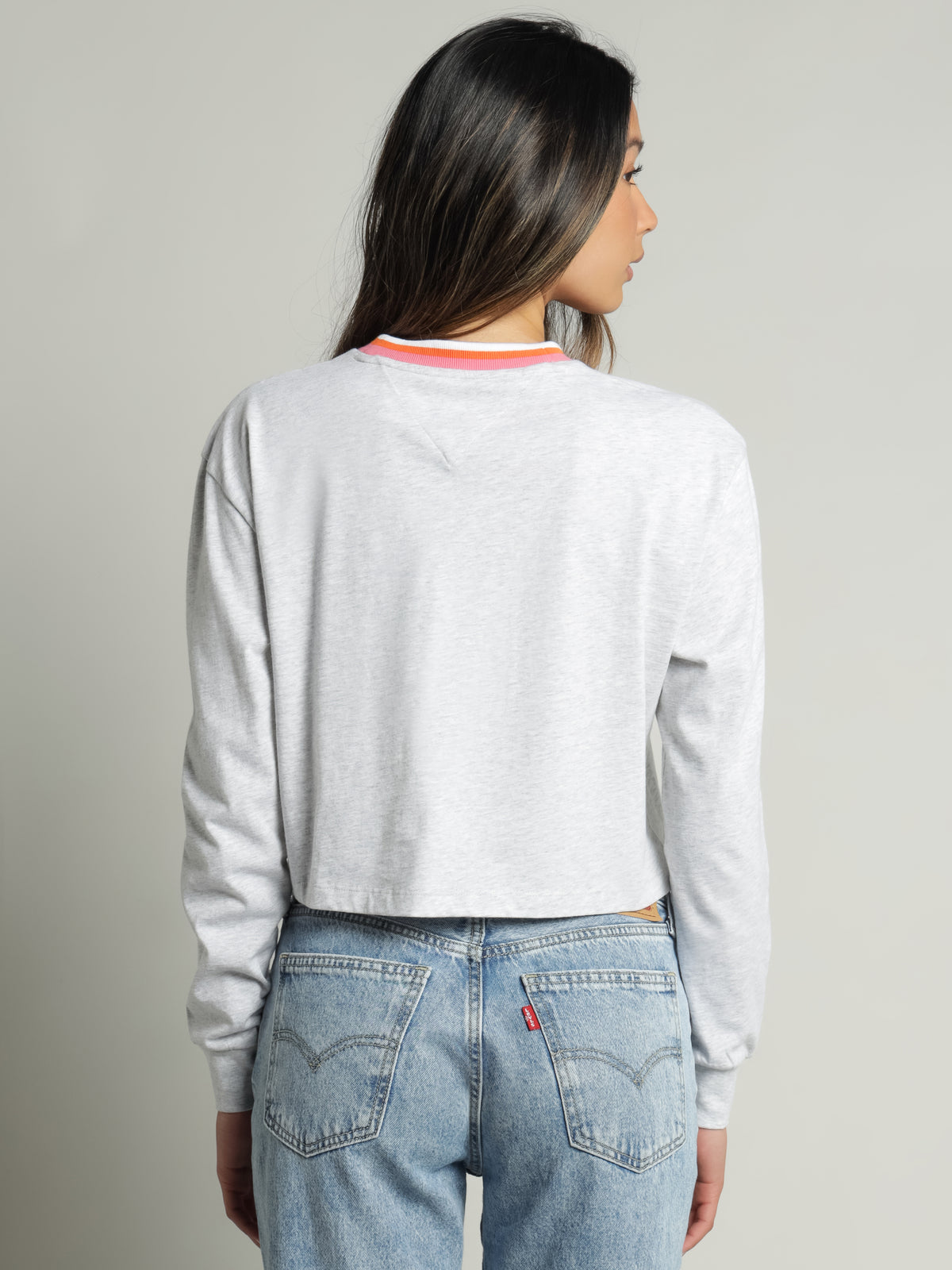 Boxy Cropped Ringer Long Sleeve T-Shirt in Silver Grey