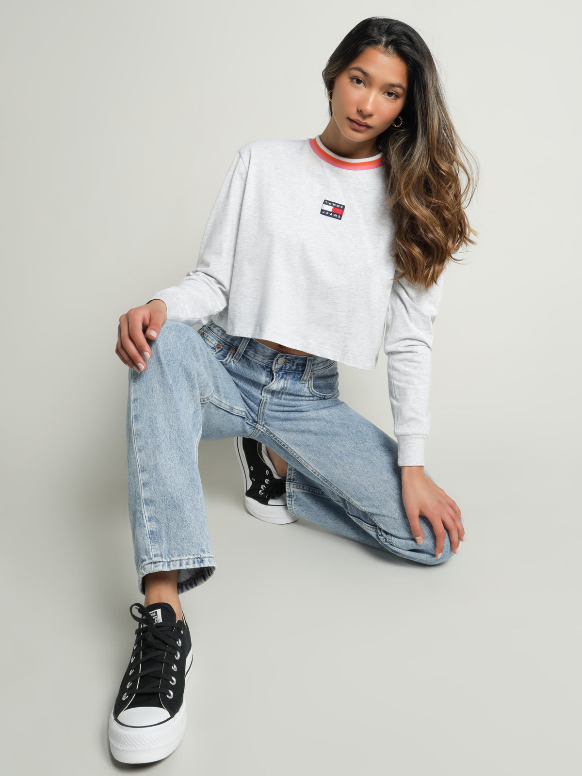 Tommy Hilfiger Boxy Cropped Ringer Long Sleeve T-Shirt | Silver Grey
