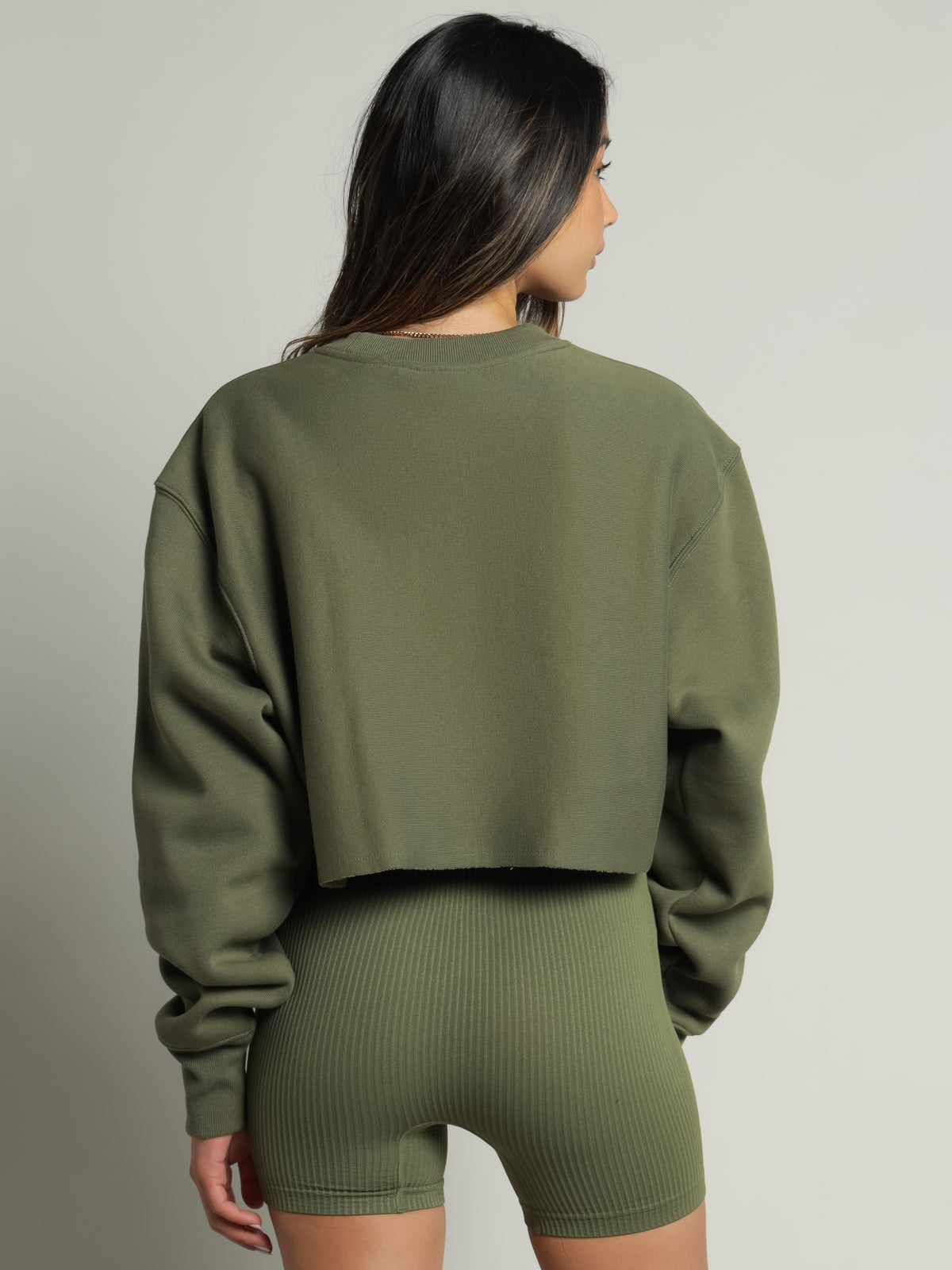 Reverse Weave Small C Cropped Sweater in Cargo Olive