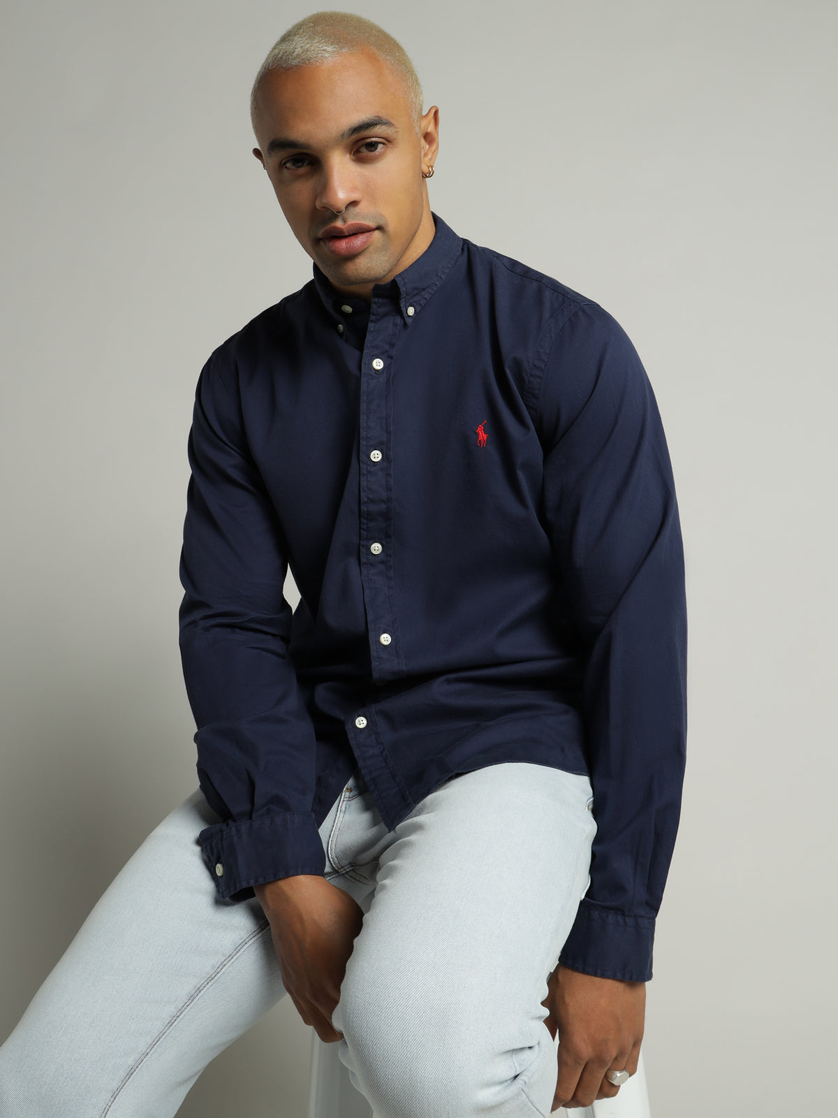 Slim Fit Twill Long Sleeve Shirt in Cruise Navy