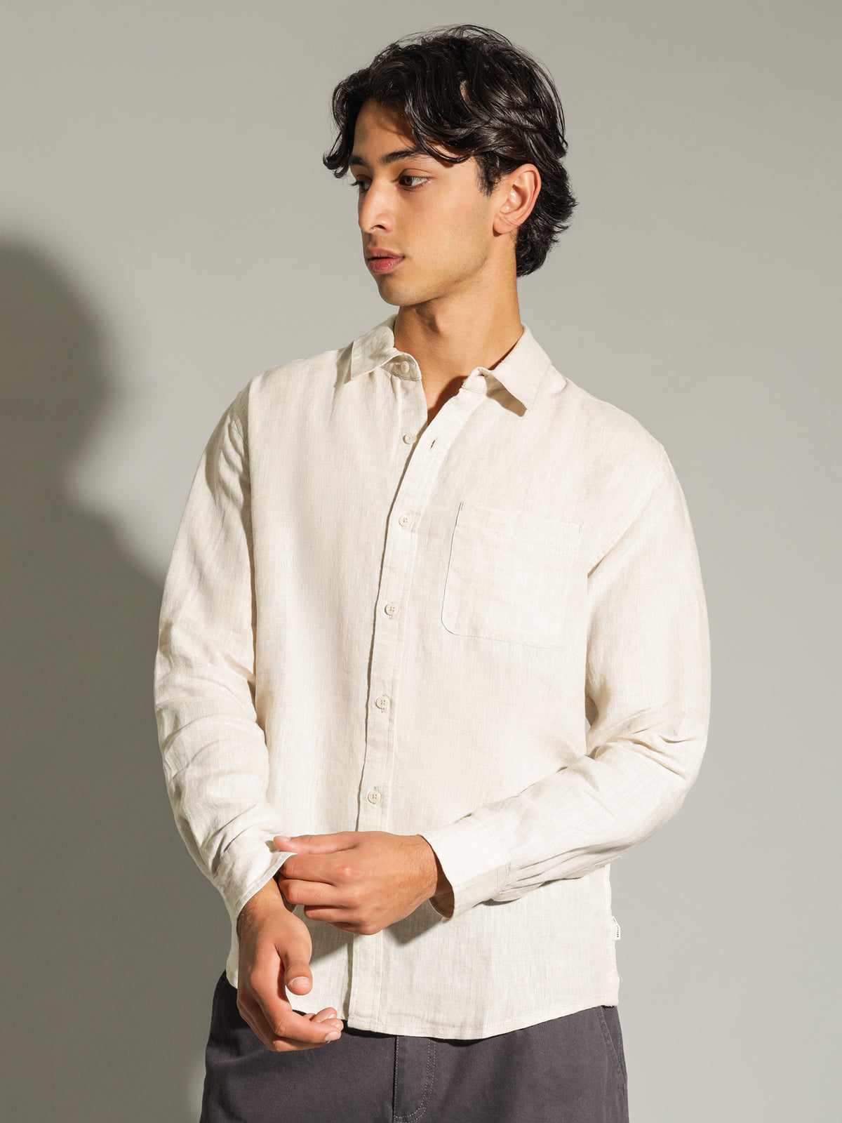 Nero Linen Long Sleeve Shirt in Natural Marle