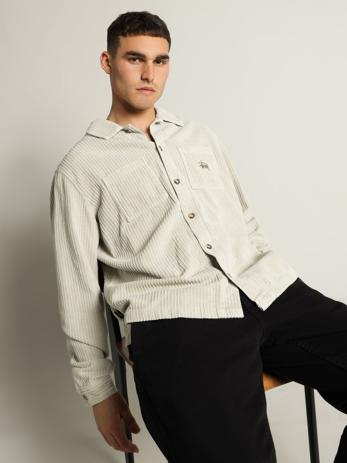 Henry LS Cord Shirt in White Sand