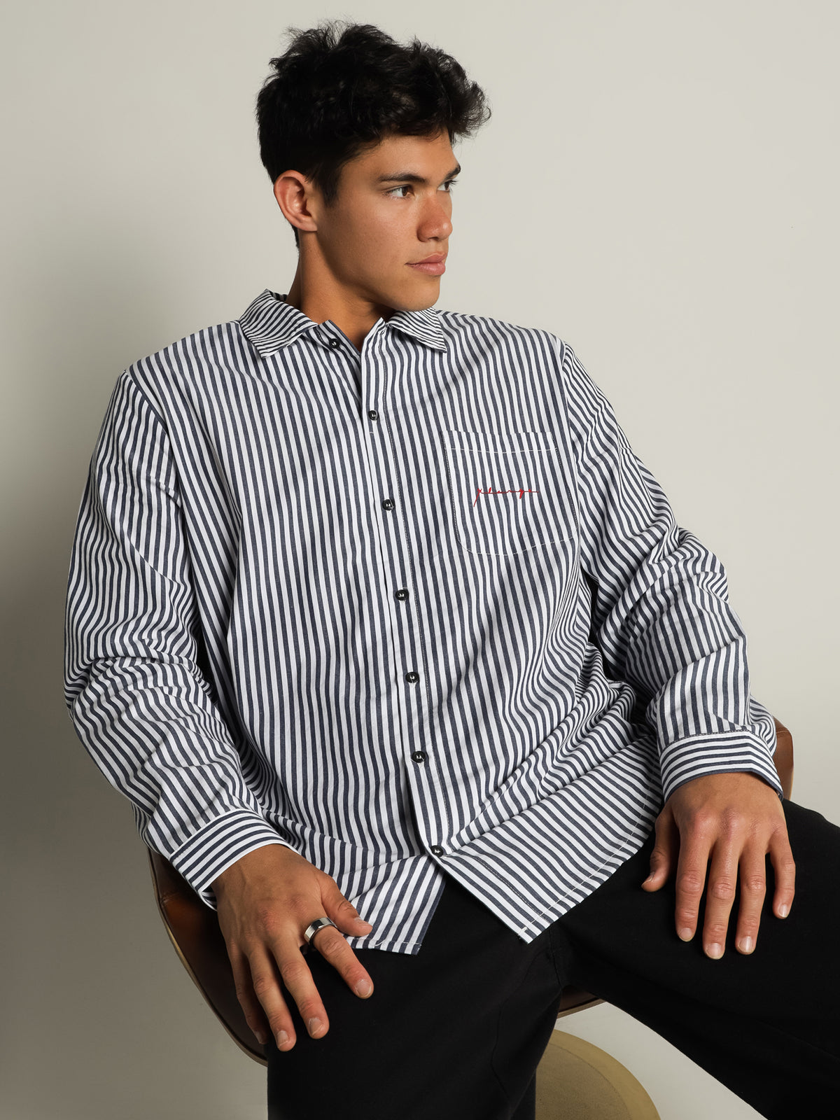 Parklife Long Sleeve Stripe Shirt in Navy