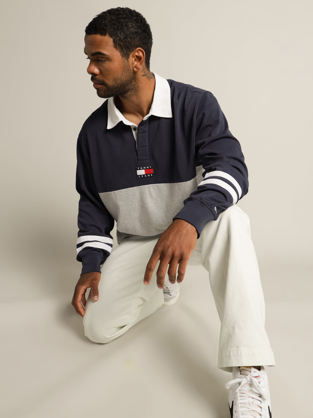 Tommy Badge Relaxed Rugby Shirt in Navy &amp; Grey