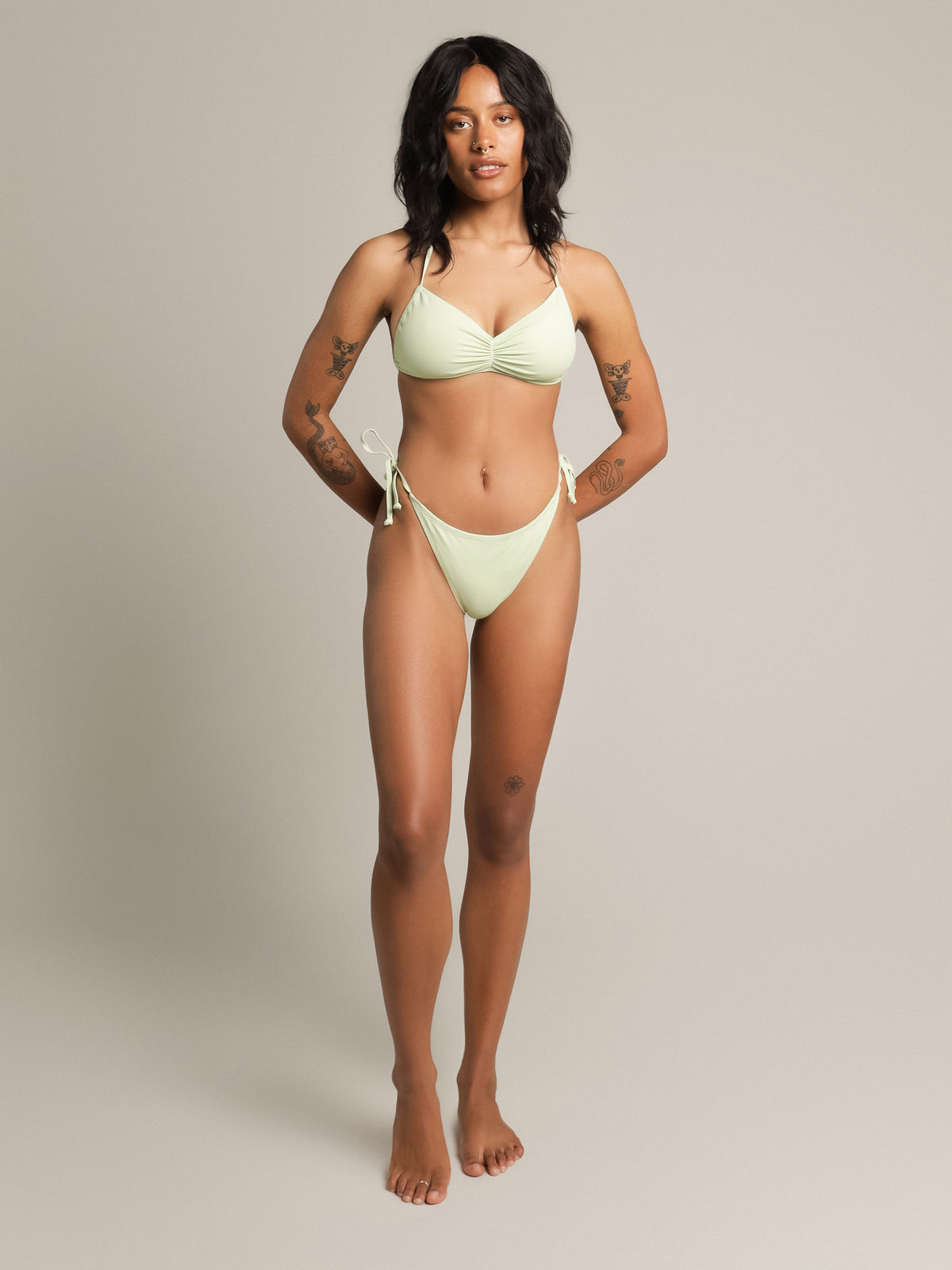 Plain Ribbed Ruched-Front Halter Bikini Top in Apple Green