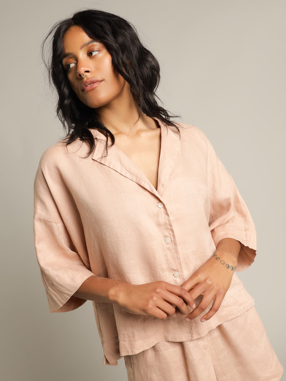 Nude Linen Lounge Shirt in Clay Pink