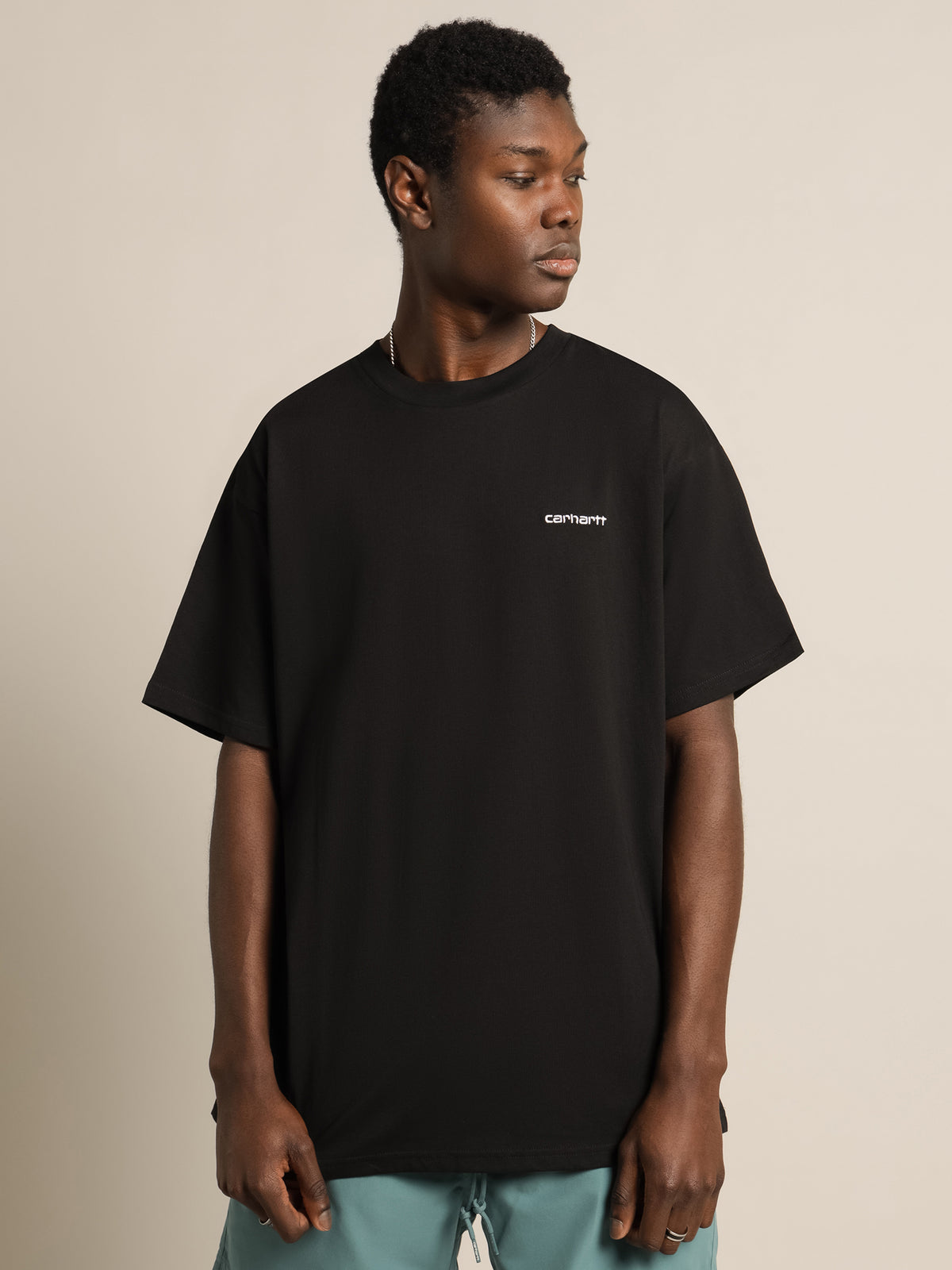 Short Sleeve Embroidered Script T-Shirt in Black