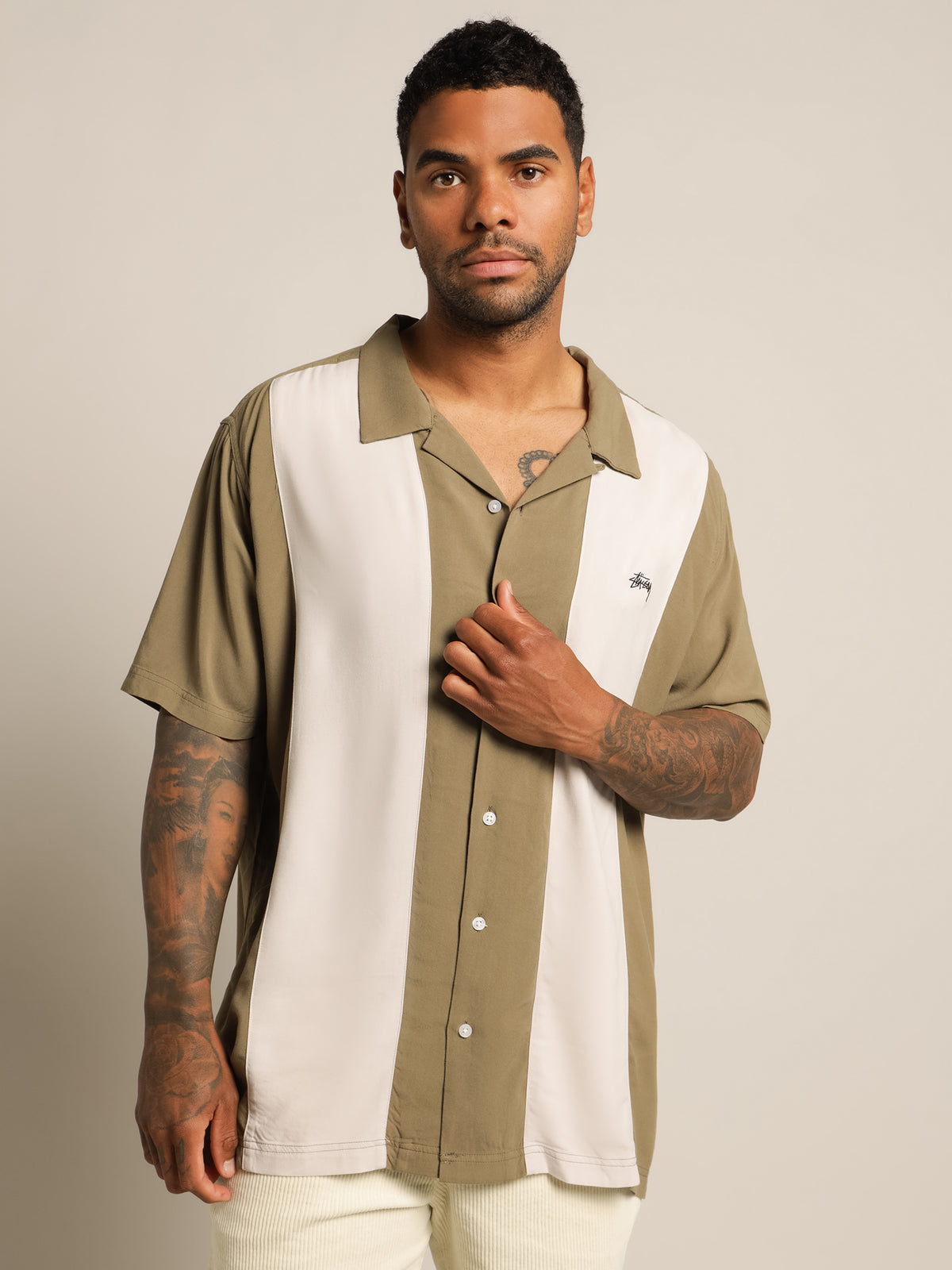 Stock Bowling Shirt in Dusty Khaki &amp; White Sand Stripes