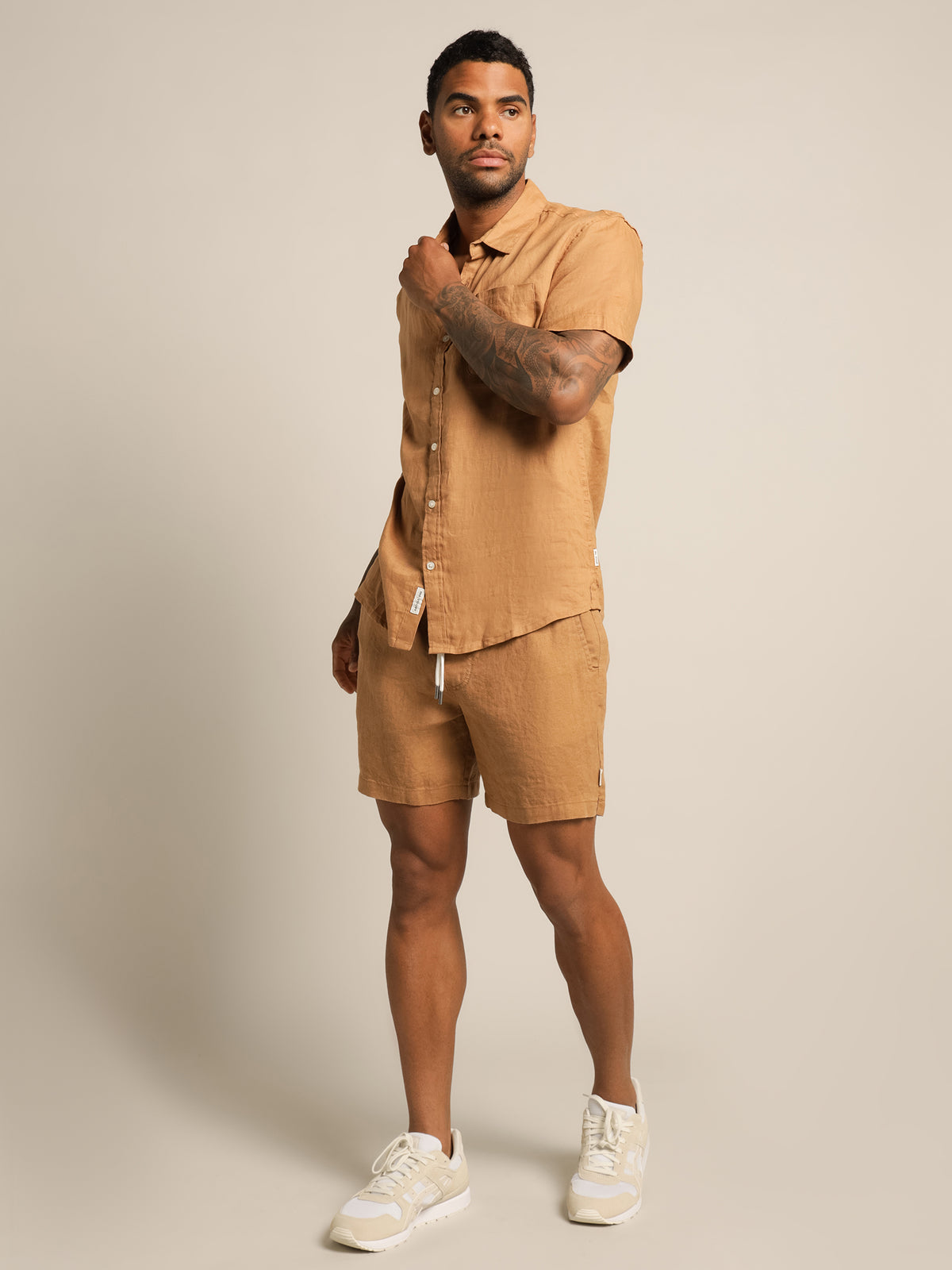 Nero Short Sleeve Linen Shirt in Caramel