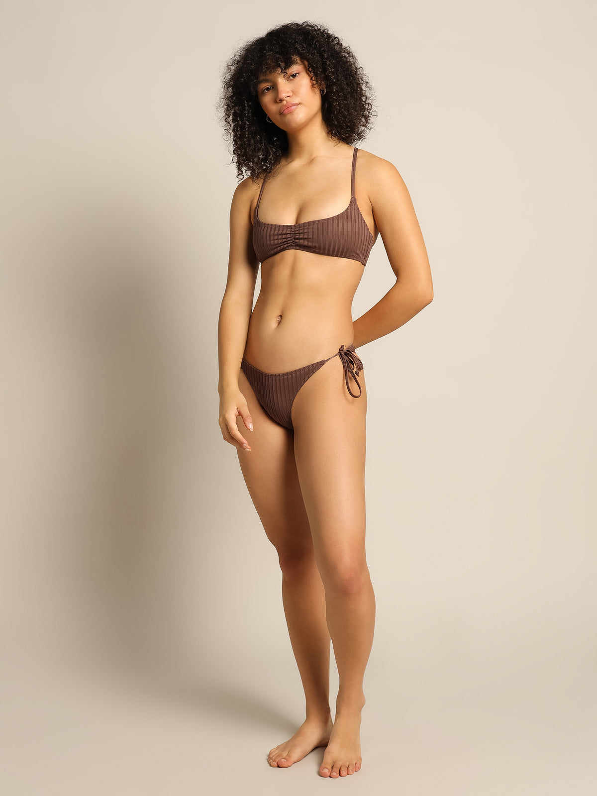 Crinkle Ruched Front Bikini Top in Cognac
