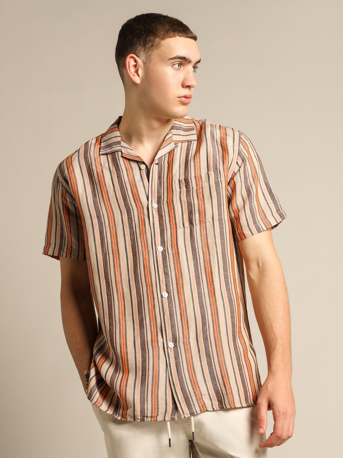 Coney Short Sleeve Shirt in Coffee Stripes
