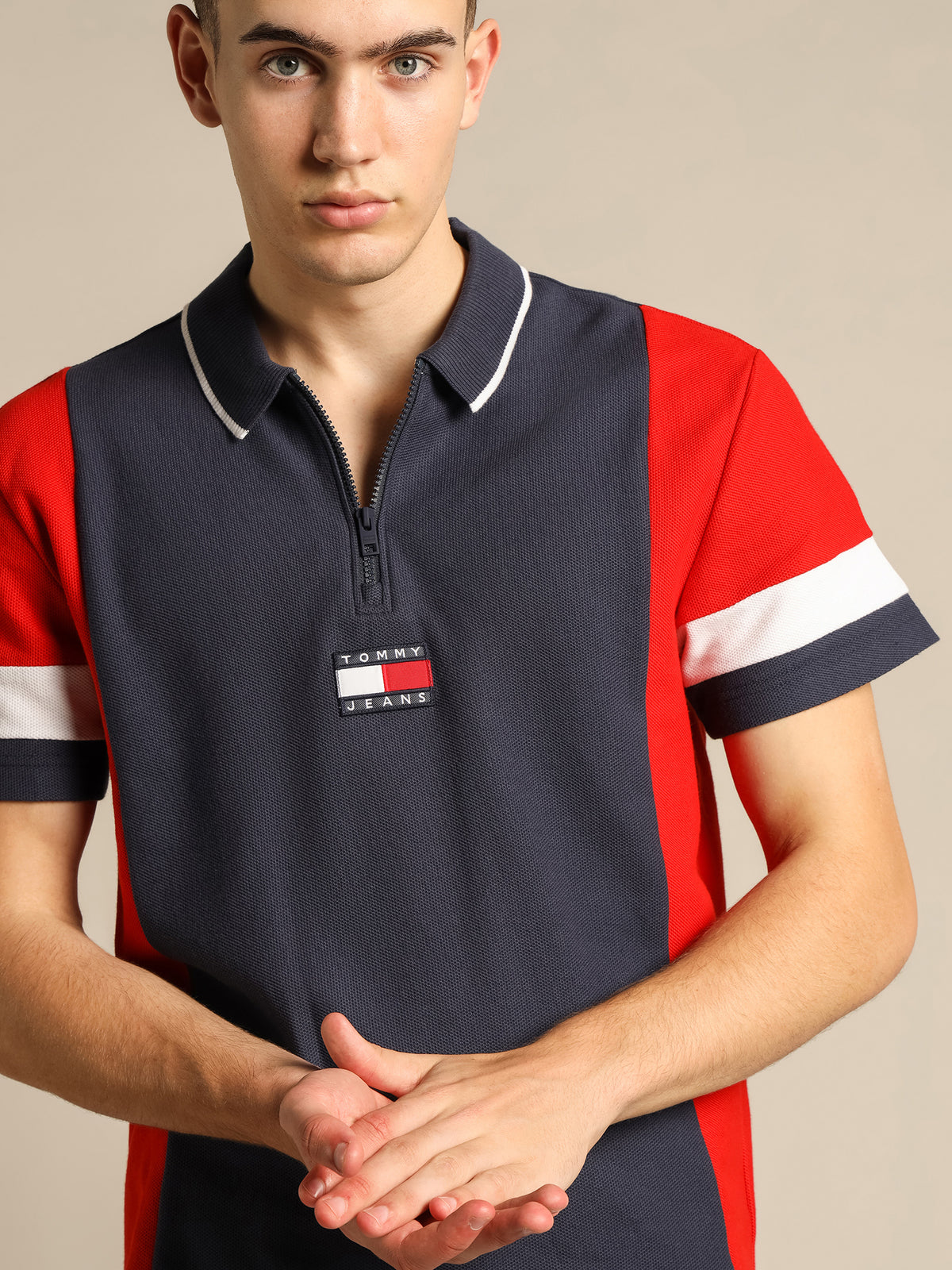 Relaxed Zip Colorblock Polo Shirt in Twilight Navy &amp; White